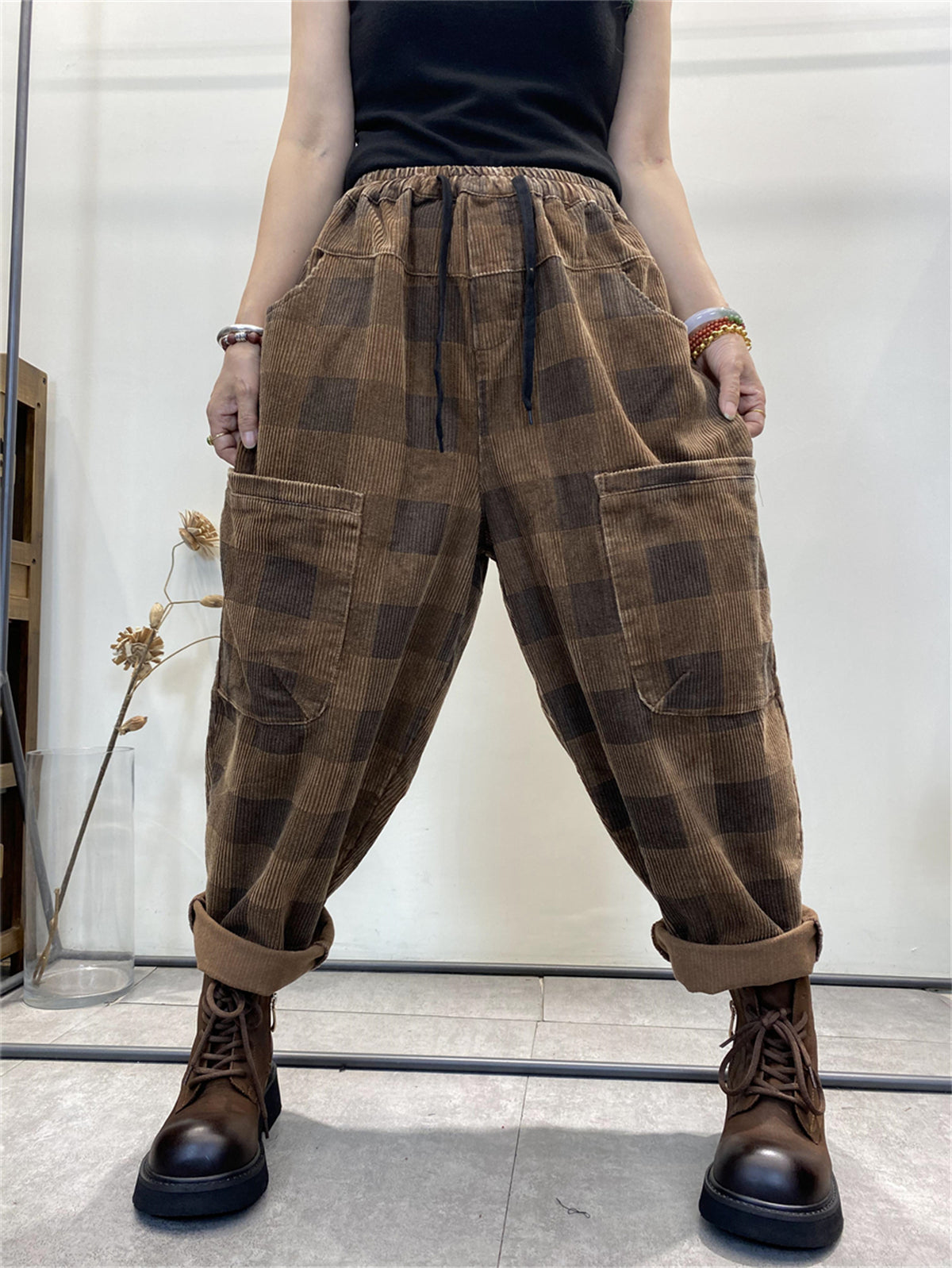 Plus Size Women's Retro Plaid Corduroy Loose Harem Pants - Comfortable High Waisted Elastic Waist Trousers for Casual Wear, Lounge & Fall Fashion