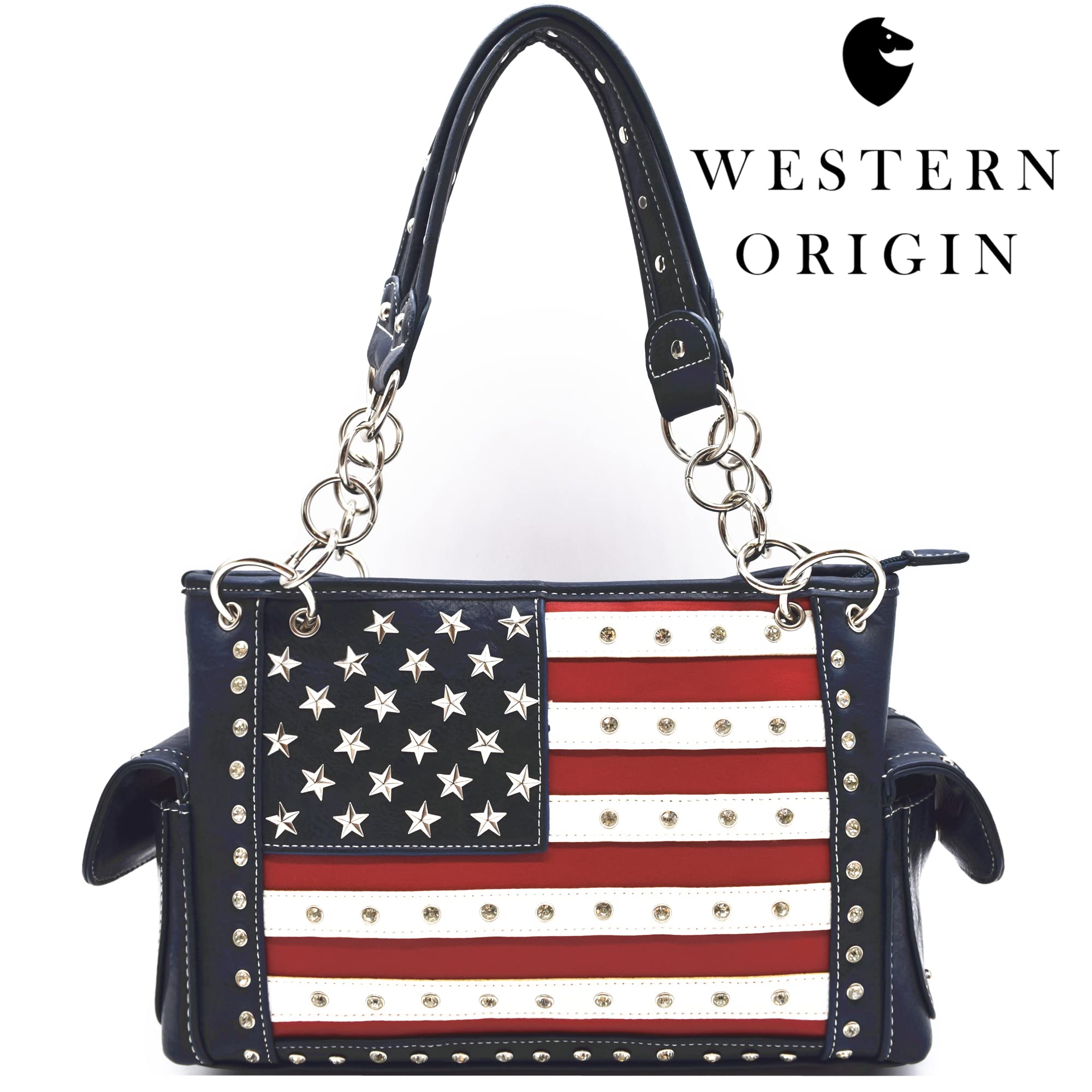 Western Origin American Flag USA Patriotic Purse - Women's Stars & Stripes Shoulder Bag with Studs & Crossbody Wallet in Blue | Perfect for 4th of July, Patriotic Events & Everyday Use