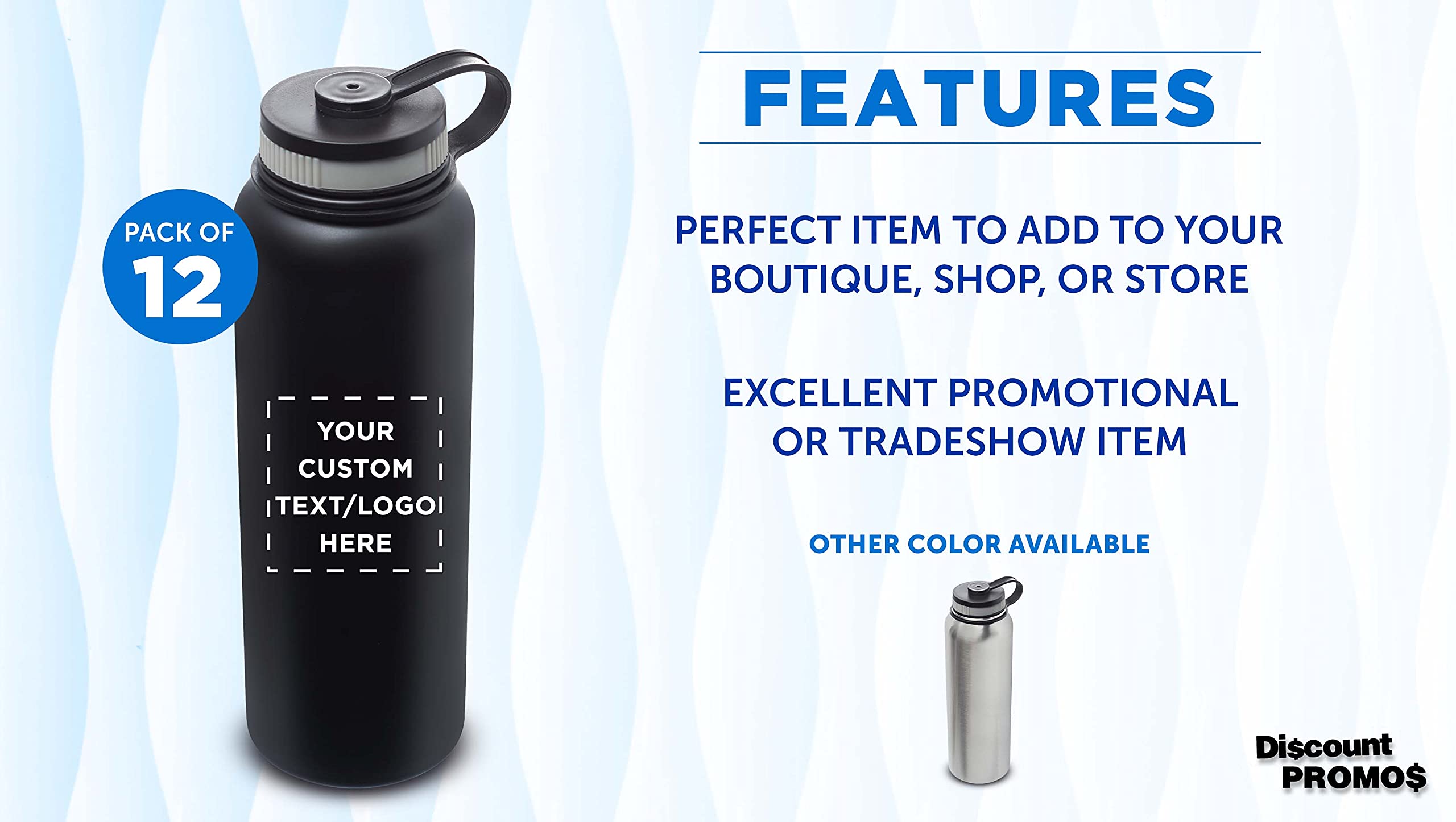 12 Pack 41 oz Stainless Steel Vacuum Insulated Water Bottles - Double Wall Thermal, Custom Text & Logo, Black - Perfect for Gym, Hiking, Camping & Office Use