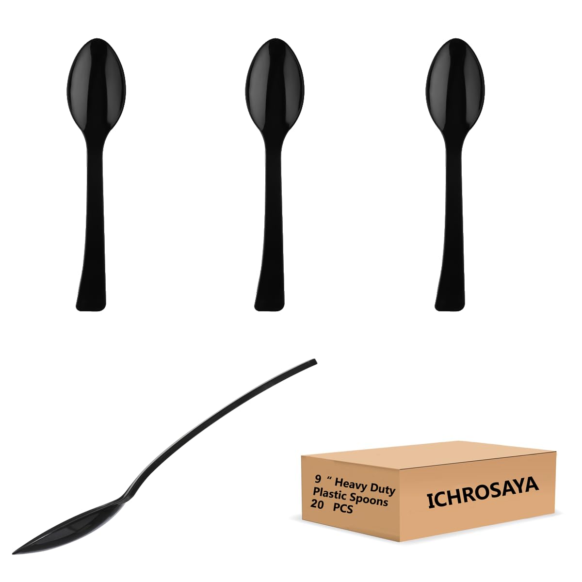 Disposable Plastic Spoons 9 Inch - 20 Count Bulk Pack | Heat Resistant & Heavy Duty Serving Utensils | BPA Free & Food Safe Black Plastic Cutlery | Perfect for Parties, Picnics, Catering & Outdoor Events