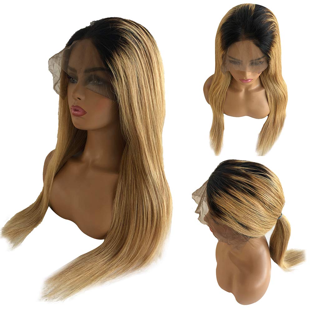 Ombre Lace Front Human Hair Wigs Blonde Strawberry 13x4 Frontal Lace Wigs - 14 Inch 150% Density Pre Plucked with Baby Hair, #613 Straight Lace Front Wig for Women with Dark Roots | Perfect for Daily Wear, Cosplay, and Special Occasions