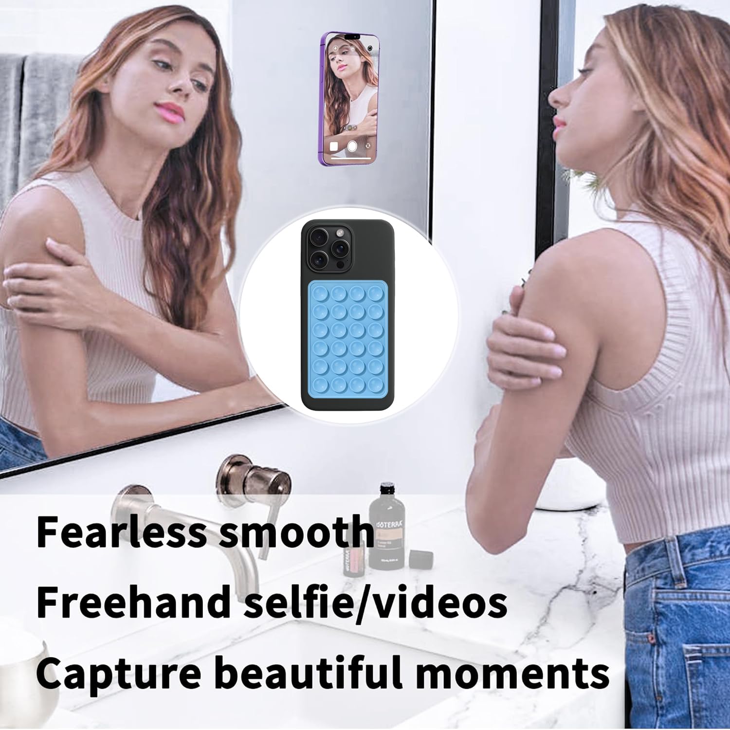 Non-Slip Silicone Suction Cup Phone Holder for iPhone & Android - Sticky Phone Grip for Hands-Free Selfie, Video & Shower Mirror - Light Blue (2 Pack) - Perfect for Bathroom, Car Dashboard & Kitchen Use