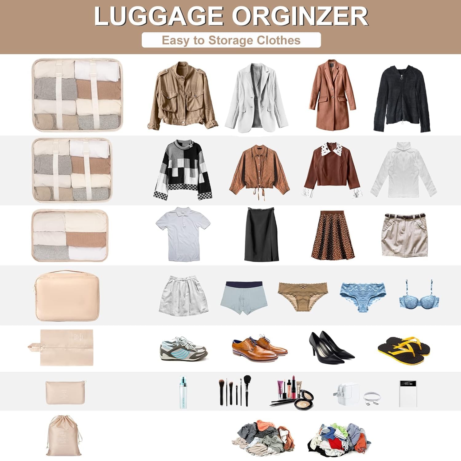 TECHSUN 7-in-1 Travel Organizer Set - Nylon Packing Cubes with Laundry Bag, Cosmetic Case & Shoe Compartment for Luggage (Beige) | Perfect for Business Trips, Vacations & Weekend Getaways