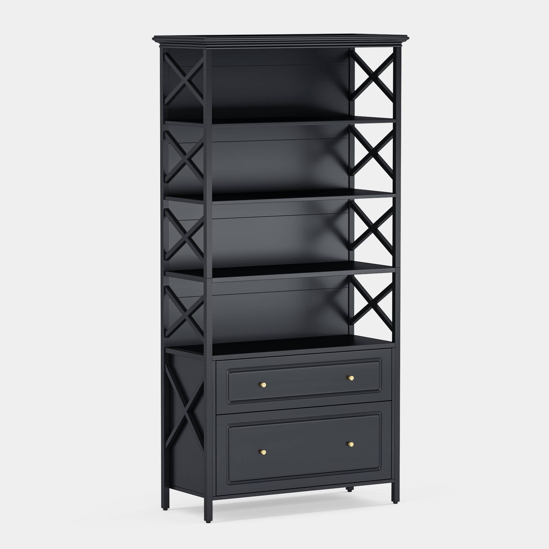 5 Tier Bookshelf - Industrial Bookcase Display Shelf with 2 Drawers for Living Room, Office & Bedroom Storage Organization