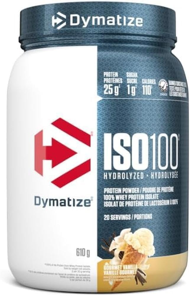 Dymatize ISO100 Hydrolyzed Whey Protein Powder - Gourmet Vanilla, 25g Protein per Serving, 100% Whey Isolate, Gluten Free (20 Servings) - Ideal for Post-Workout Recovery & Muscle Building