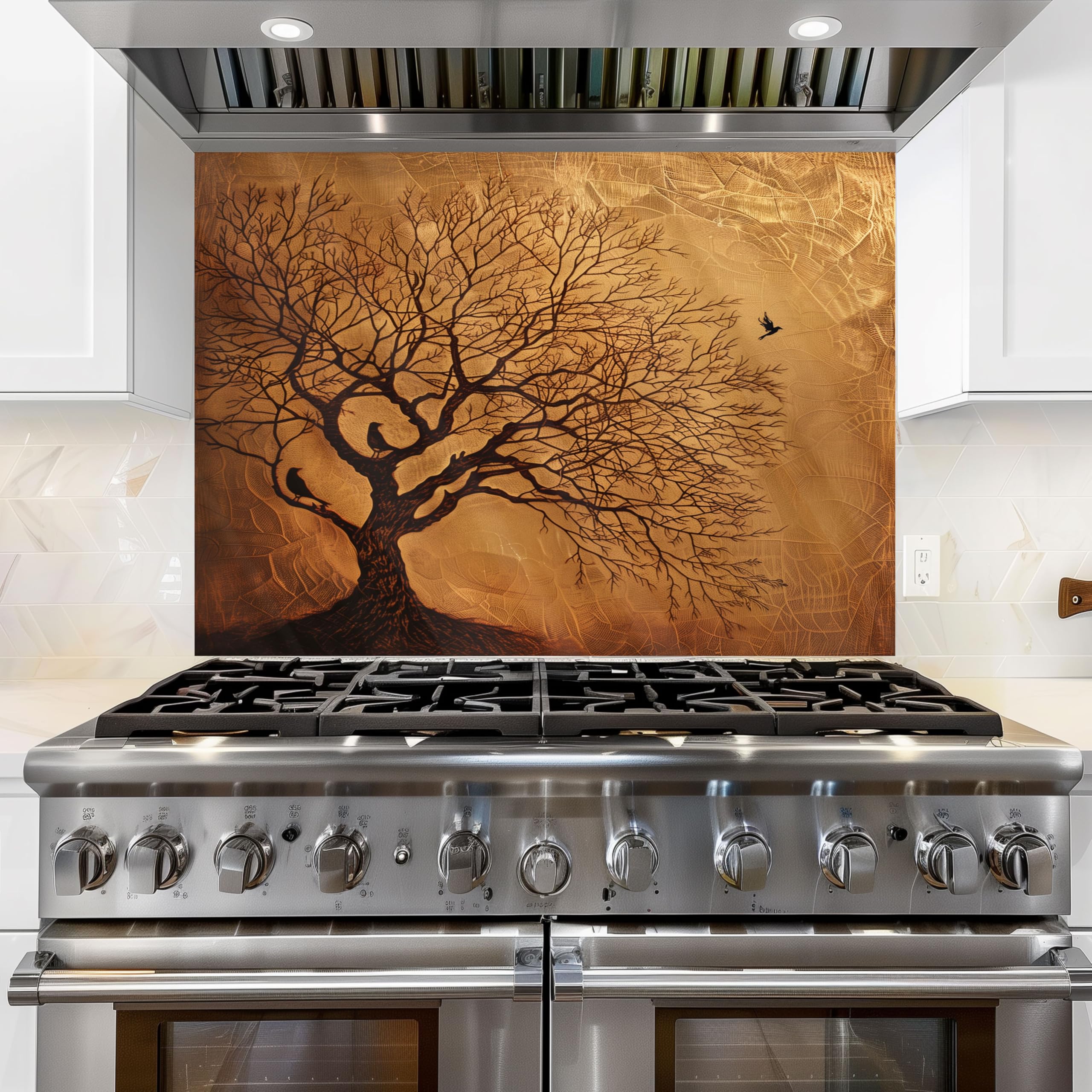 Tree of Life Tempered Glass Kitchen Backsplash - Heat Resistant, Easy to Clean Stove Backsplash, Stick-On Tiles for Modern Kitchen Walls, Perfect for Cooking and Baking Spaces