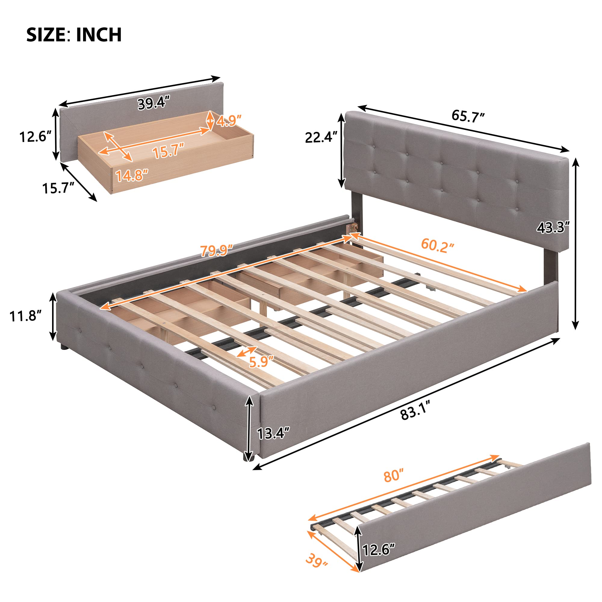 Queen Upholstered Storage Bed with Wooden Platform & Twin XL Trundle - Light Grey Button Tufted Headboard | Space-Saving Bedroom Solution for Small Spaces & Guest Rooms