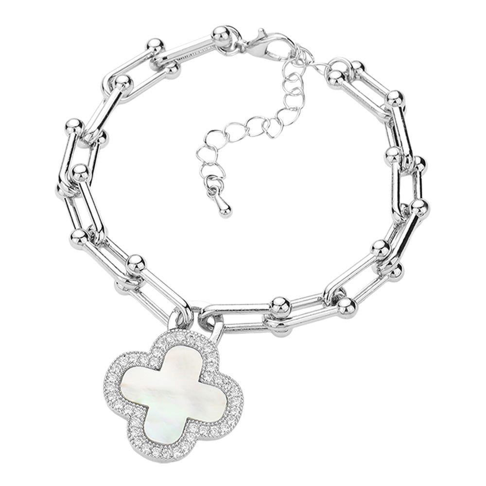 14K Gold Plated Cubic Zirconia Silver Paved Quatrefoil Charm Bracelet for Women - Elegant Jewelry Gift for Birthday, Anniversary & Special Occasions