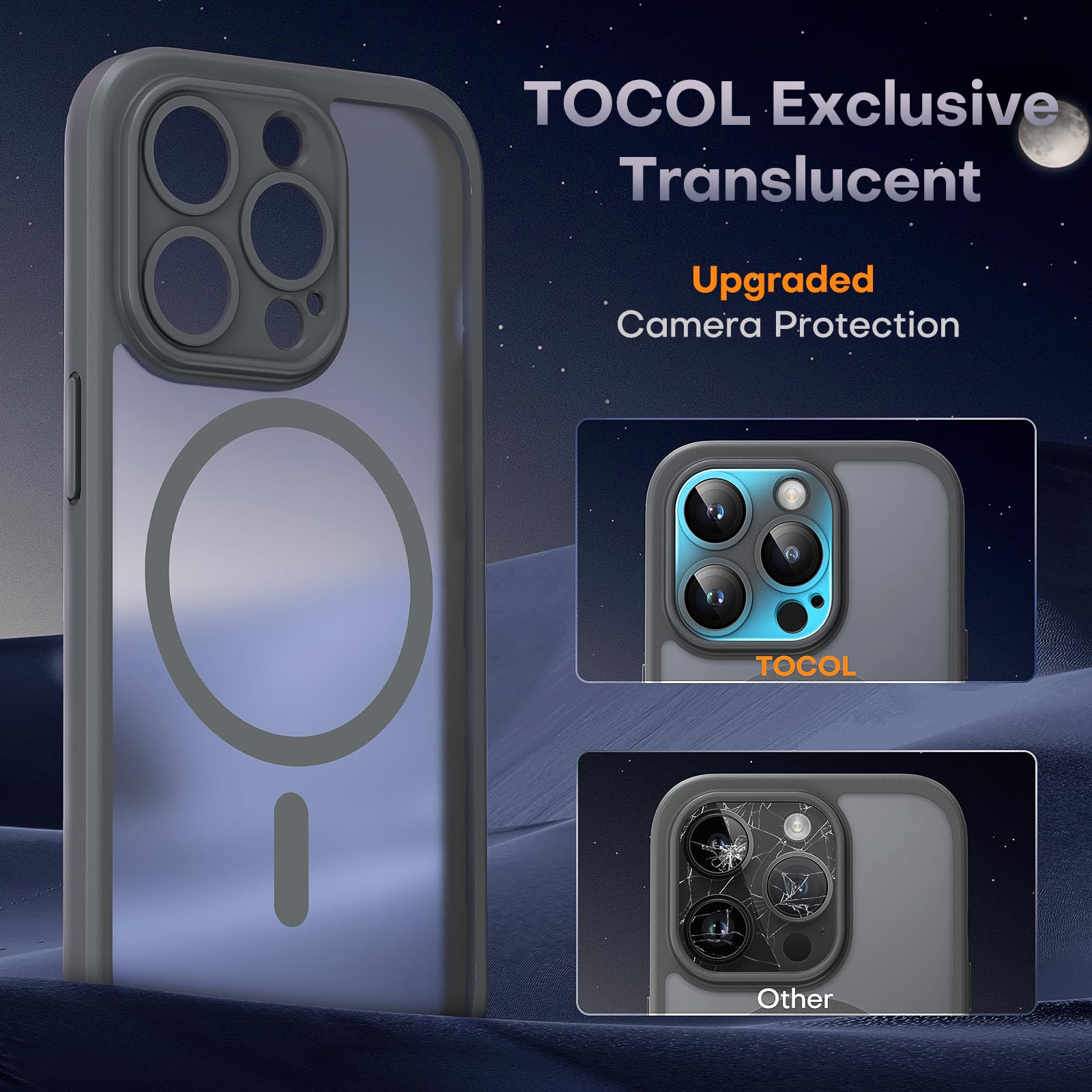 TOCOL 3 in 1 Magnetic iPhone 15 Pro Max Case with Full Camera Protection - Includes 2 Tempered Glass Screen Protectors | Magsafe Compatible | Translucent Matte Back Cover for 6.7