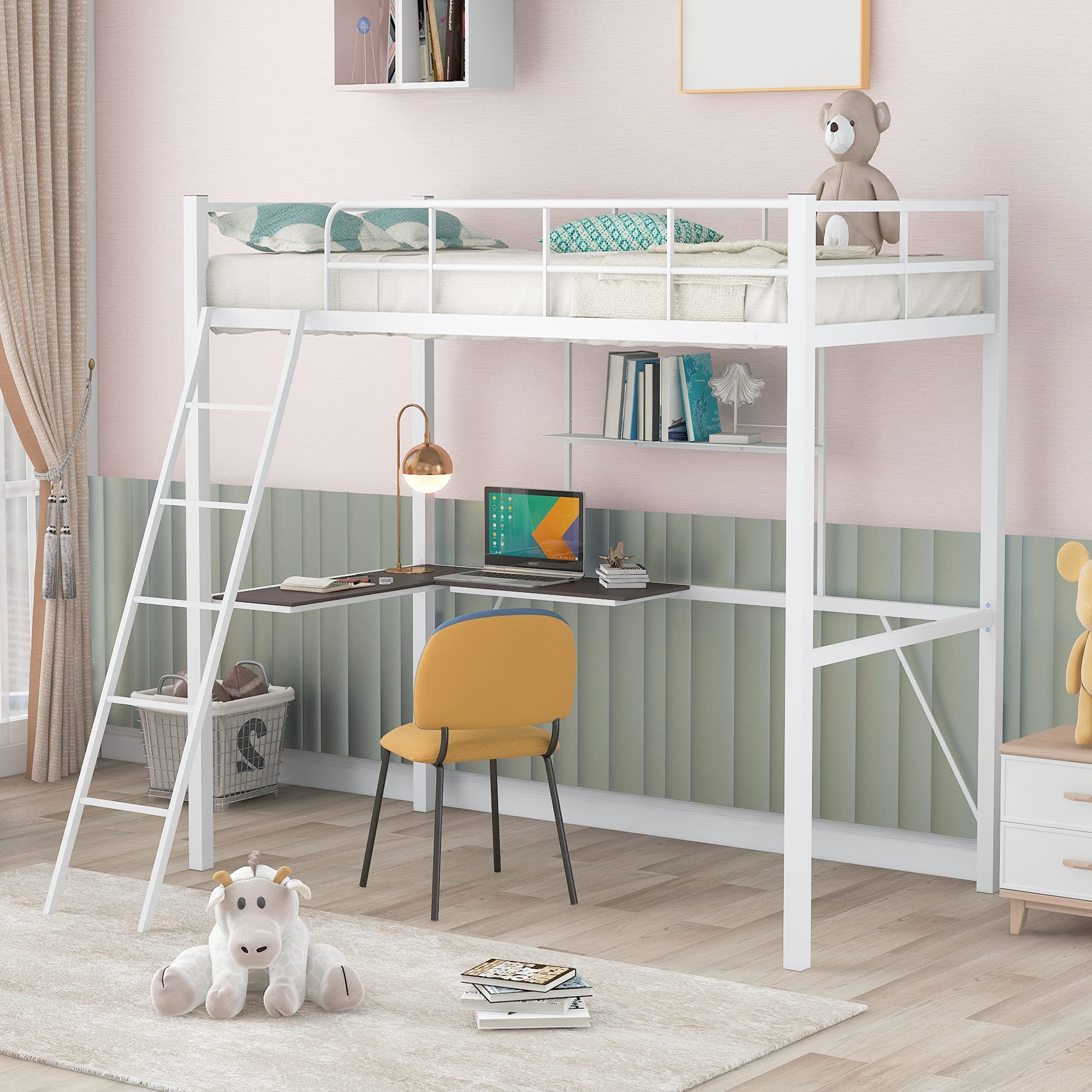 Twin Metal Loft Bed with Desk & Shelves - Heavy Duty Steel Loft Bed Frame for Kids, Teens & Adults | Includes 2 Ladders & Safety Guard Rails | Space-Saving Modern Design for Small Rooms, Dorms & Apartments (White)
