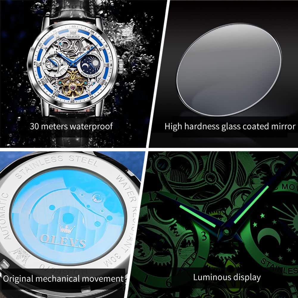 OLEVS Men's Automatic Self-Winding Watch - Luxury Starry Sky Diamond Skeleton Dial, Waterproof & Luminous - Perfect for Business, Formal Events & Nighttime Visibility