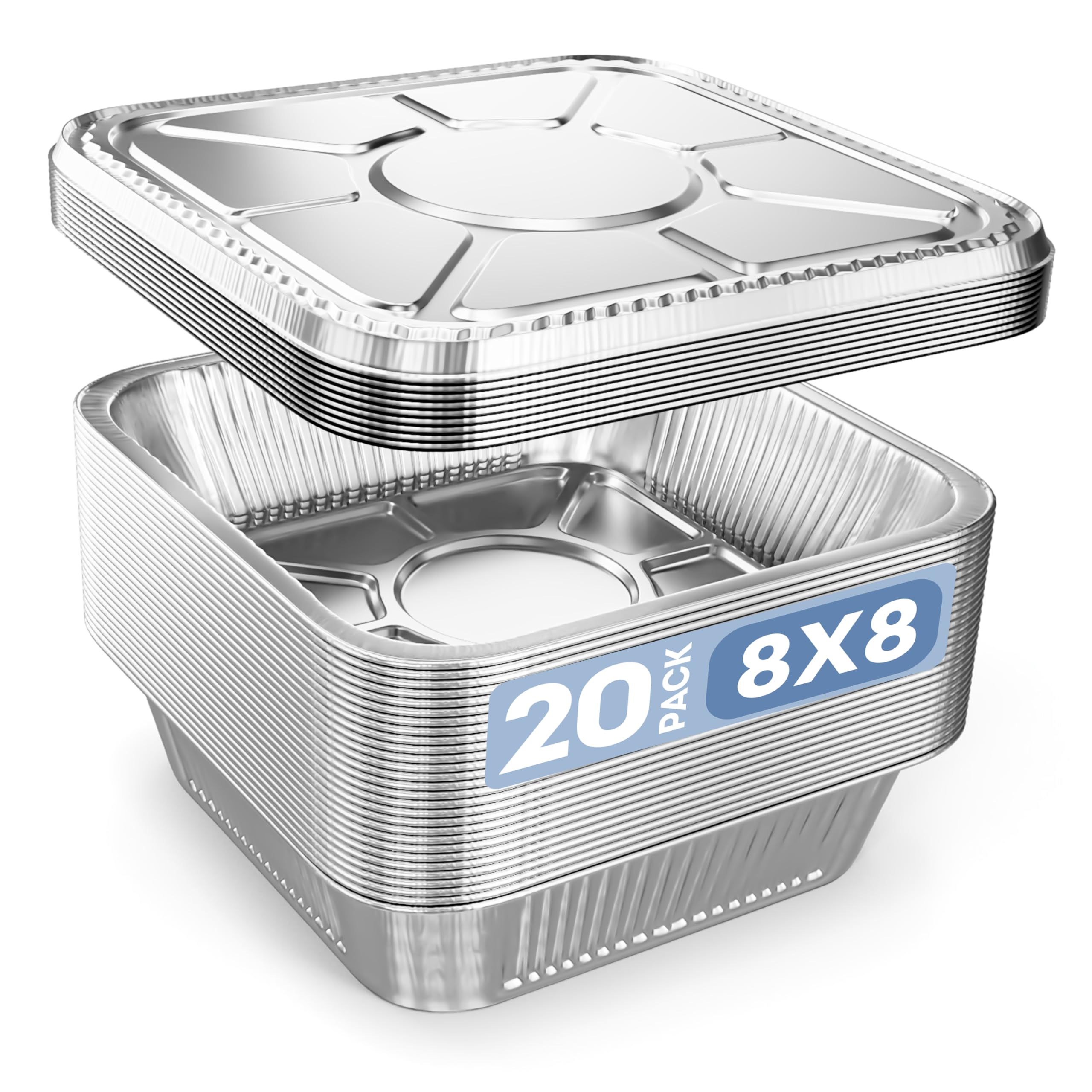 DOBI 8x8 Aluminum Foil Pans with Lids (20 Pack) - 8 Inch Disposable Square Baking Pans for Cake, Casserole, Lasagna, Meatloaf & Brownies - Standard Size 8