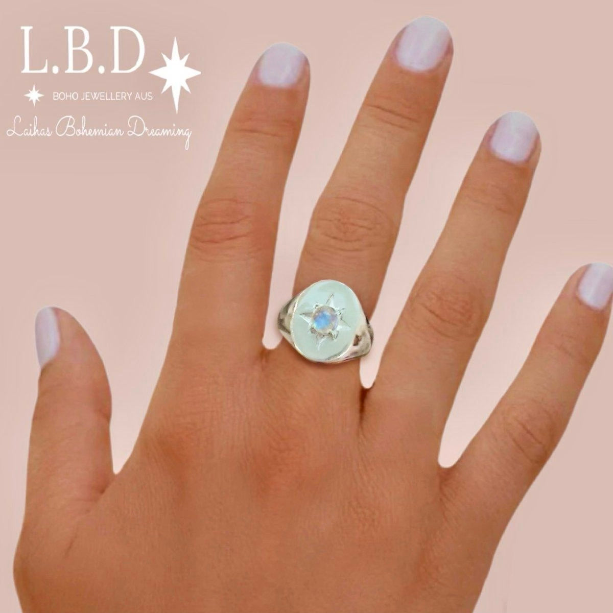 Laihas Hope & Guiding Light Moonstone Signet Ring for Women - Elegant Sterling Silver Jewelry for Spiritual Healing, Meditation & Everyday Wear