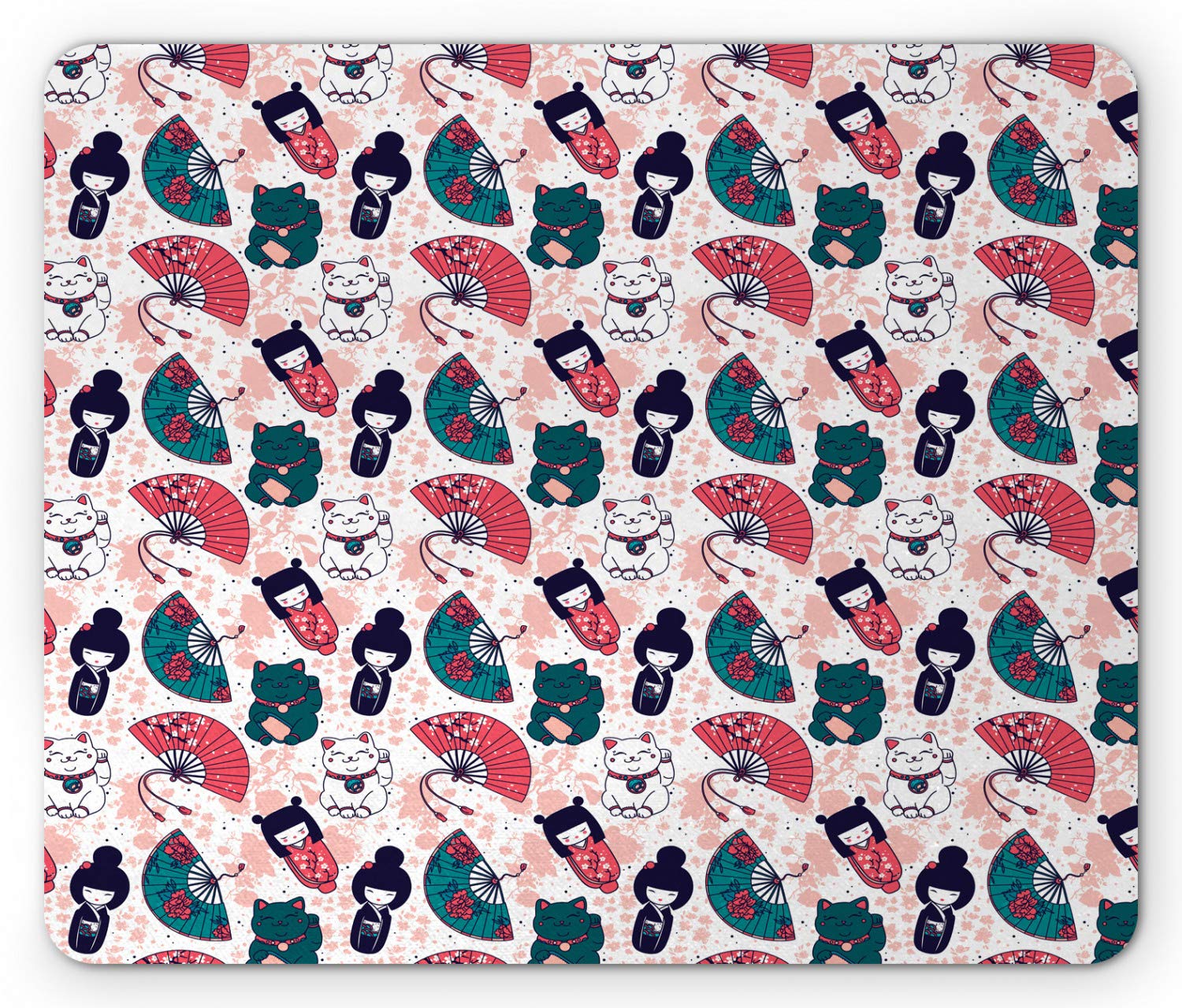 Ambesonne Japanese Cat Mouse Pad - Maneki Neko & Geisha Fan Design, Non-Slip Rubber Base, Standard Size Rectangle Mousepad in Blush Multicolor - Perfect for Office, Gaming & Anime Lovers Workspace