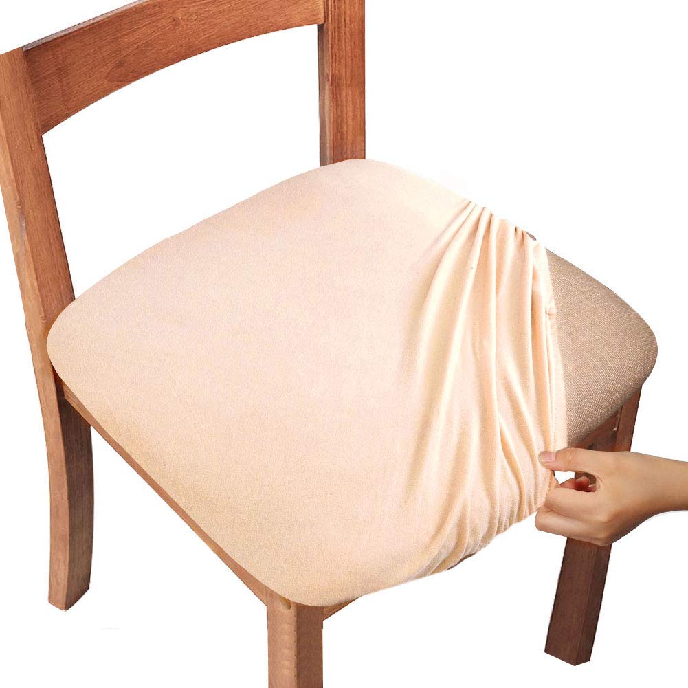 Stretchable Beige Dining Chair Seat Covers with Ties - 6 Pack Kitchen & Dining Room Chair Protectors - Perfect for Home, Office, Restaurants & Outdoor Use
