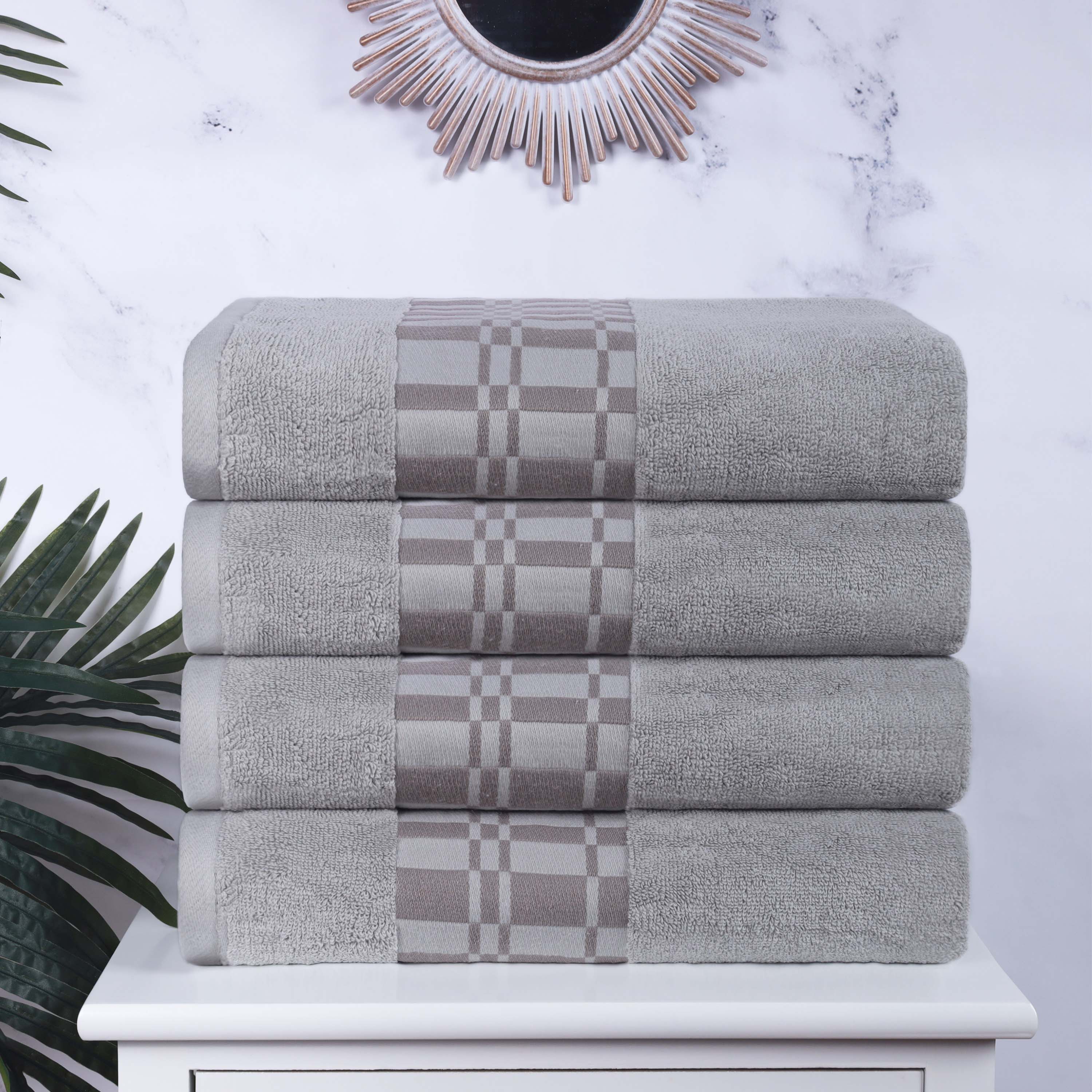 Larissa Cotton Geometric Embroidered Border Bath Towels Set of 4 - Soft Absorbent Quick-Dry Luxury Towels for Spa, Bathroom, Pool & Beach Use