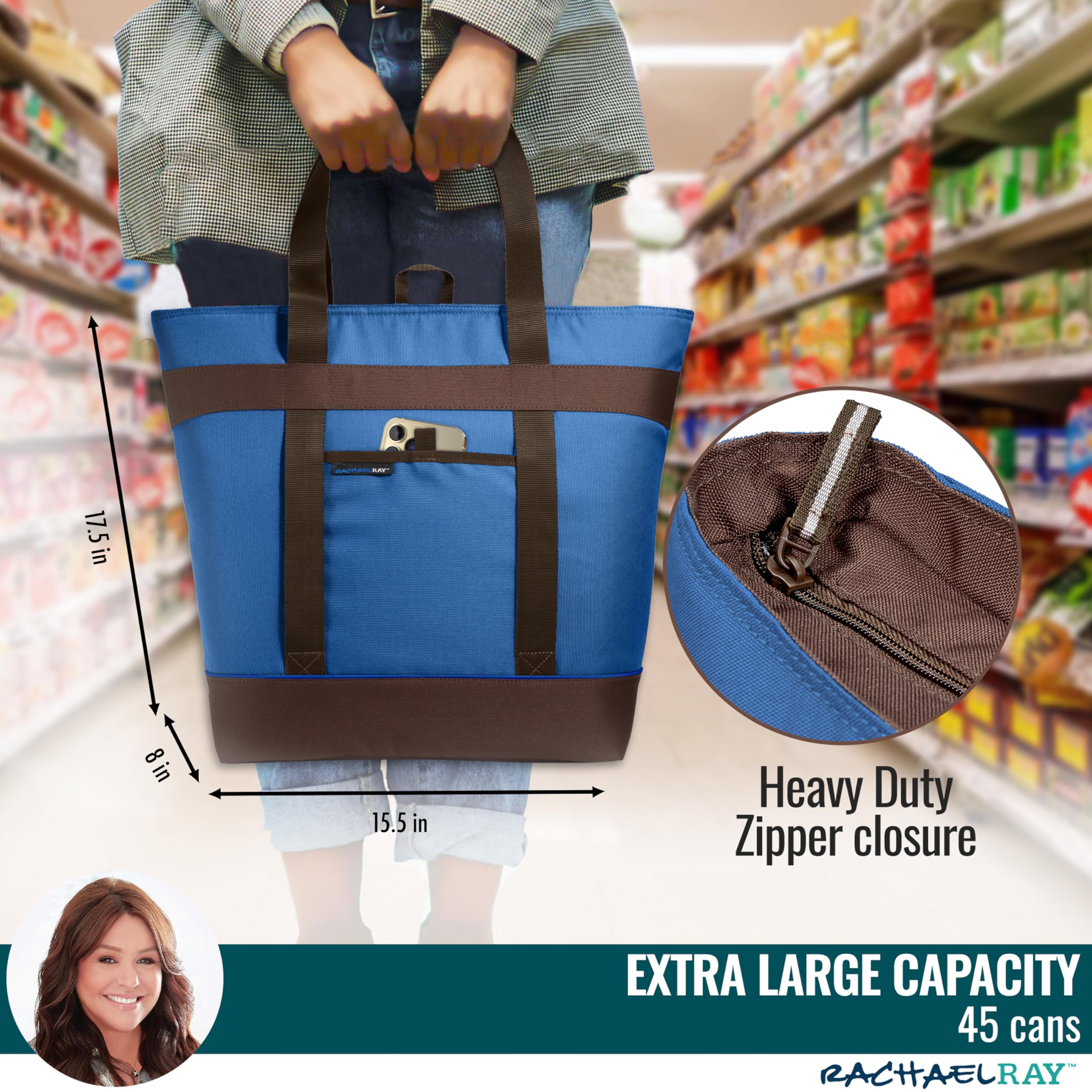 Rachael Ray Jumbo Insulated Cooler Tote Bag - Leakproof Foldable Thermal Grocery Bag for Hot & Cold Food - Perfect for Picnics, Beach Trips, Camping & Travel