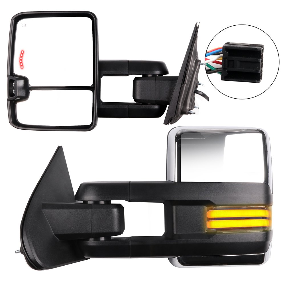 2014-2018 Chevy Sierra 1500 Towing Mirrors - Power Adjustable Heated Chrome Side Mirrors with LED Turn Signal & Clearance Lights | Manual Telescoping Design | Eliminates Blind Spots | Perfect for Towing Trailers, Boats & RVs