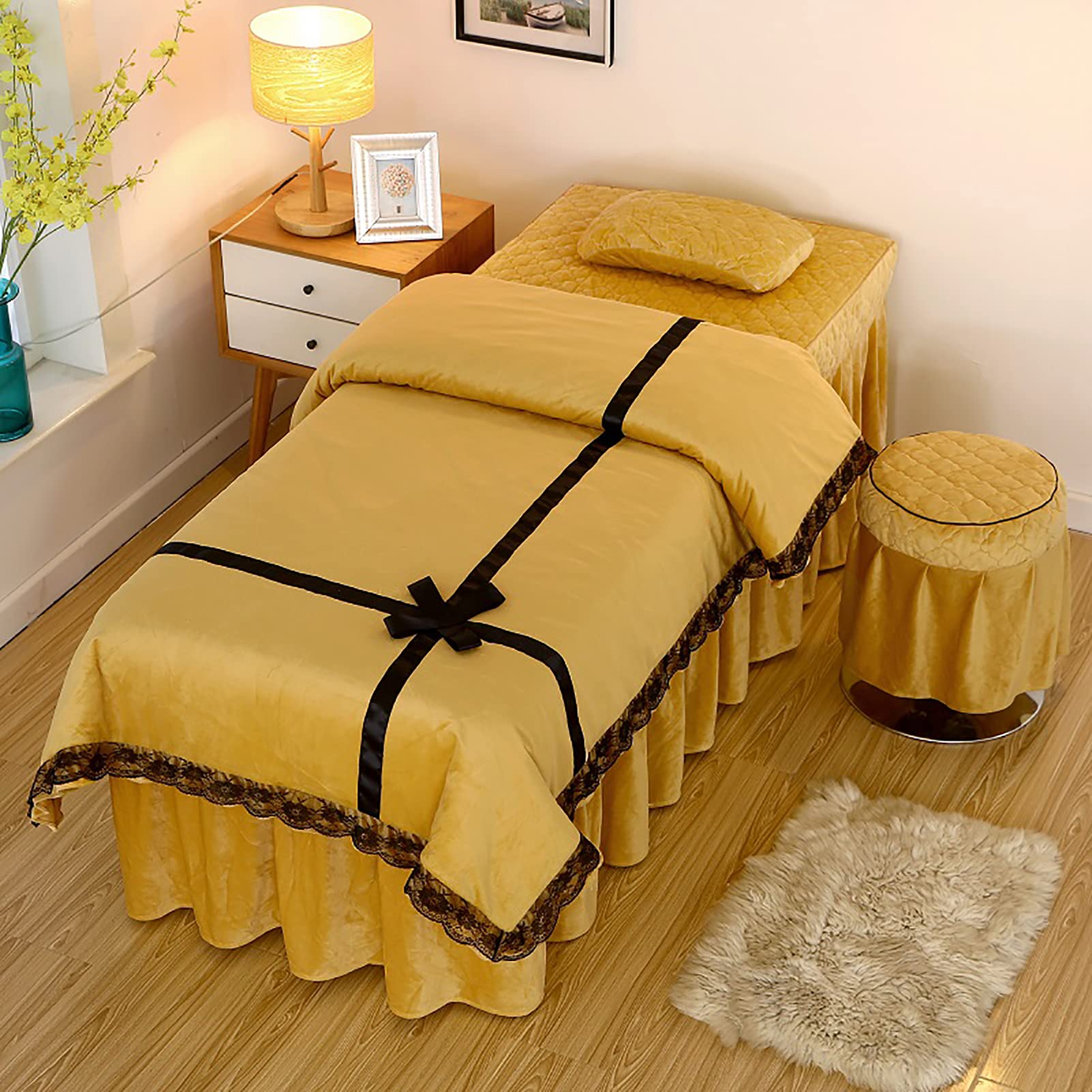 4-Piece Flannel Thickened Lace Massage Table Sheet Set - Soft Warm Cotton Beauty Bedspreads for Spa & Body Physiotherapy - Yellow 180x70cm (71x28in) - Perfect for Massage Therapy, Salon Treatments, and Home Relaxation