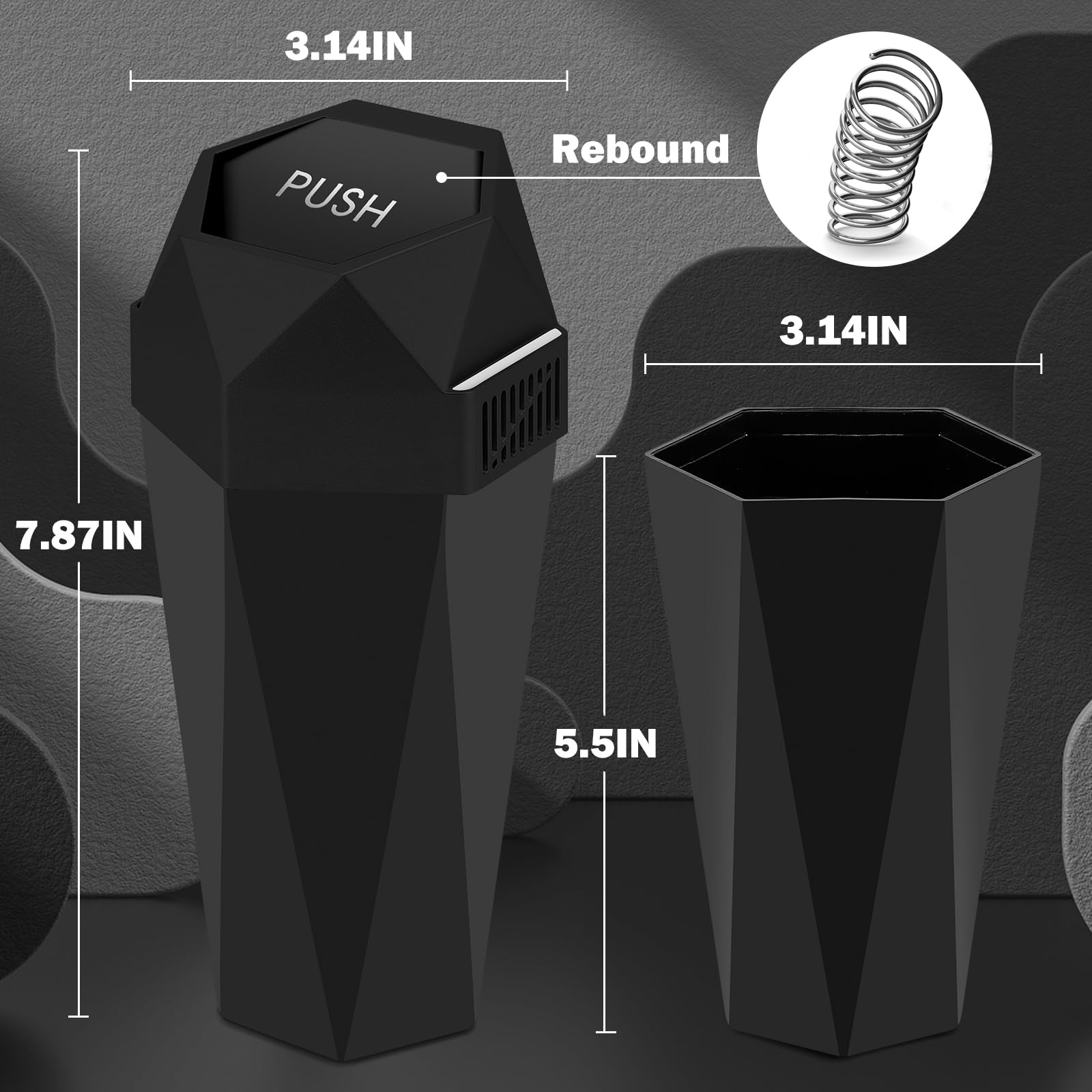 2PCS Aromatherapy Car Trash Can with Lid - Diamond Design Mini Garbage Bin for Cup Holder | Portable Dustbin for Automotive, Home, Office, Kitchen & Bedroom (Black) | Perfect for Road Trips, Daily Commute & Workspace Organization