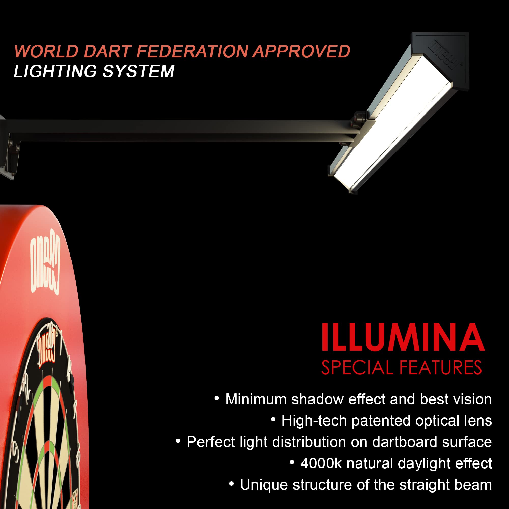 ILLUMINA Dartboard Lighting System - Minimal Shadow & Clear Vision Design with Natural Sunlight Effect | Includes Tape Measure & Spirit Level | Perfect for Home Game Rooms, Bars & Professional Dart Tournaments (Dartboard & Surround Not Included)