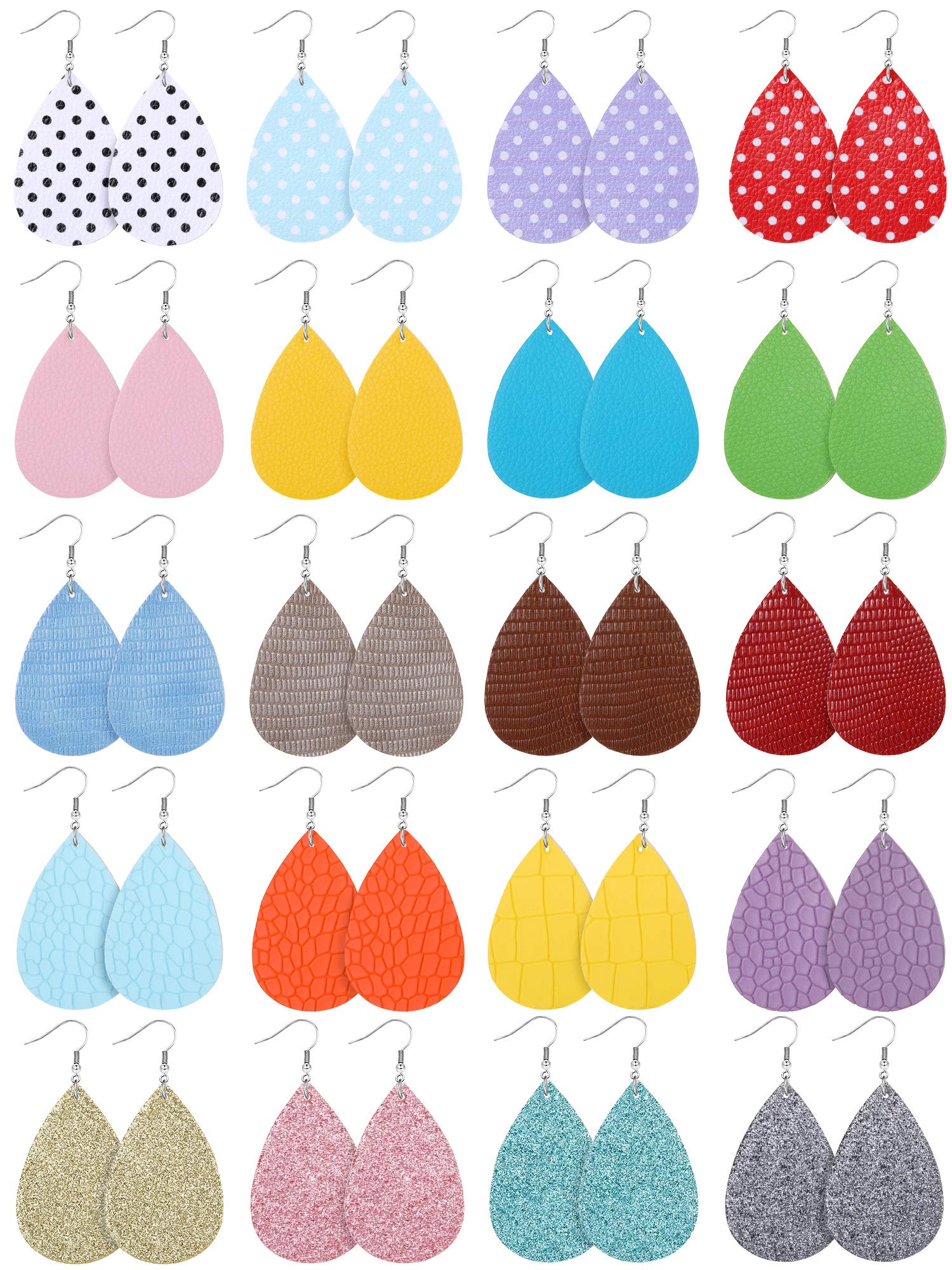 20 Pairs Lightweight Faux Leather Leaf & Teardrop Dangle Earrings - Fashion Jewelry for Women, Valentine's Day, St. Patrick's Day Gifts - Perfect for Parties, Weddings & Everyday Wear