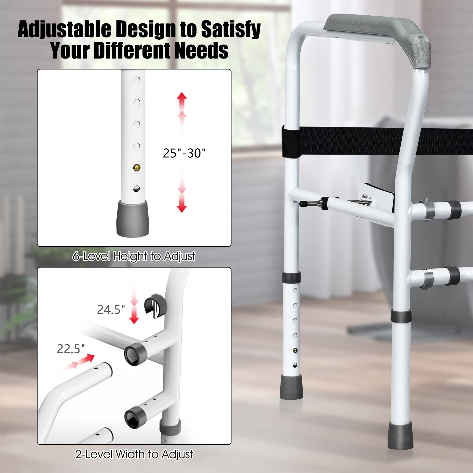 Adjustable Toilet Safety Rail - 300lbs Capacity Rotatable Bathroom Armrest with Clip, Height & Width Assist Frame for Elderly & Disabled - Ideal for Commode Handrails & Grab Bars - Perfect for Bathroom Safety & Mobility Support