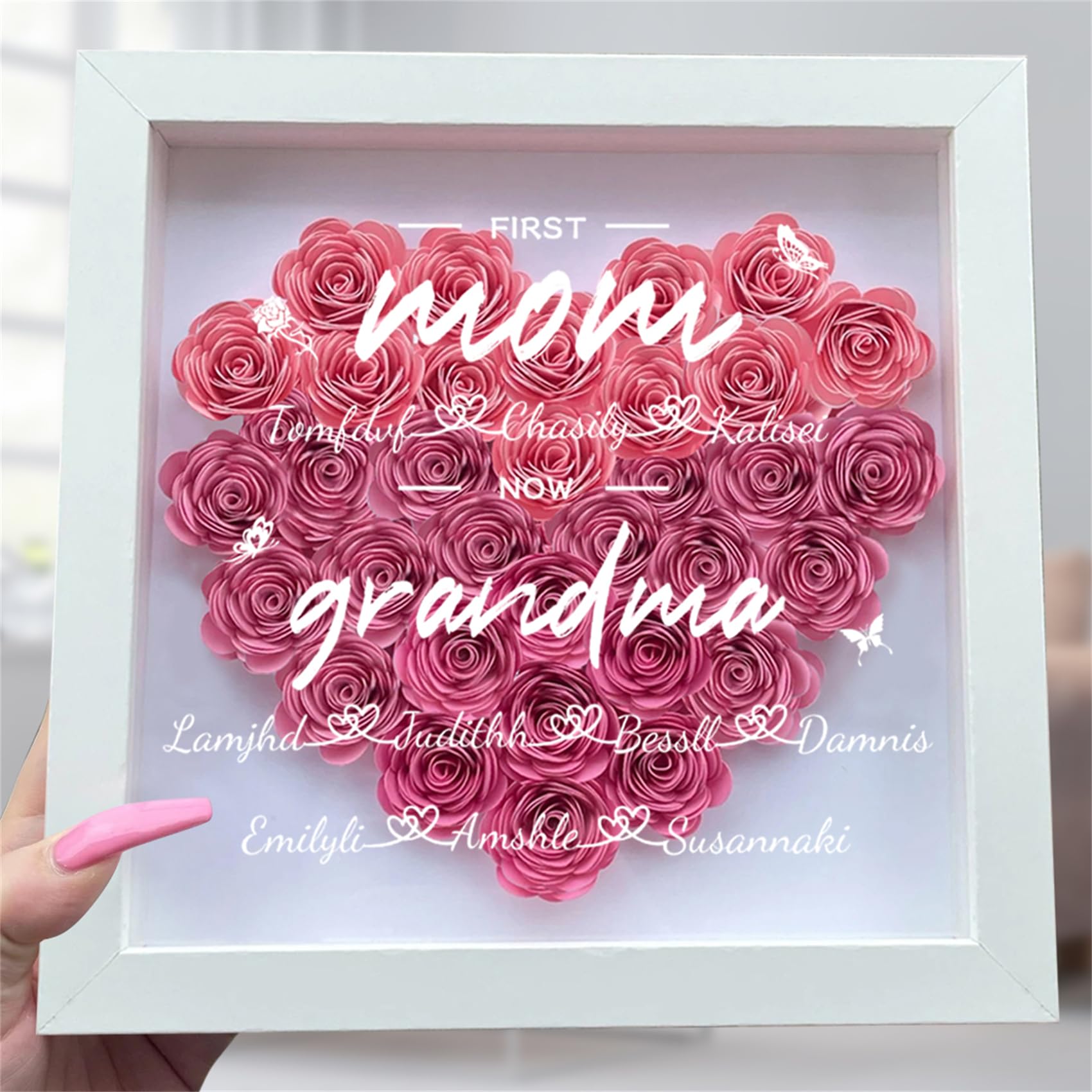 Custom Personalized First Mom Now Grandma Rose Flower Shadow Box with Name - Heart-Shaped Mother's Day Gift for Grandma, Nana & Mom - Perfect for Wall Decor, Nursery, Living Room & Special Occasions