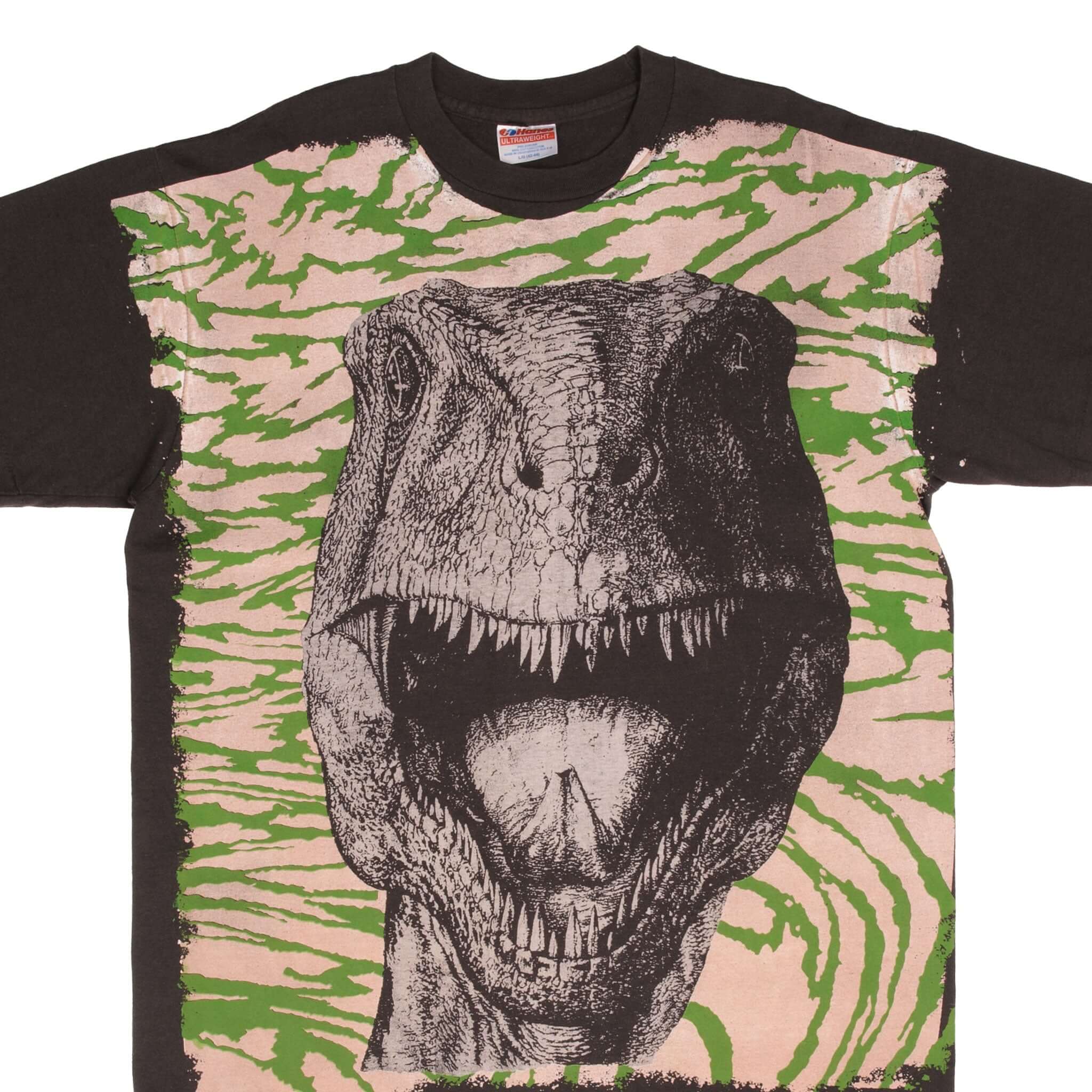 Bootleg Jurassic Park T-Rex Mosquitohead All Over Print T-Shirt - Large Size | Made in USA | Vintage Dinosaur Graphic Tee for Men & Women | Perfect for Casual Wear, Movie Nights & Jurassic Park Fans
