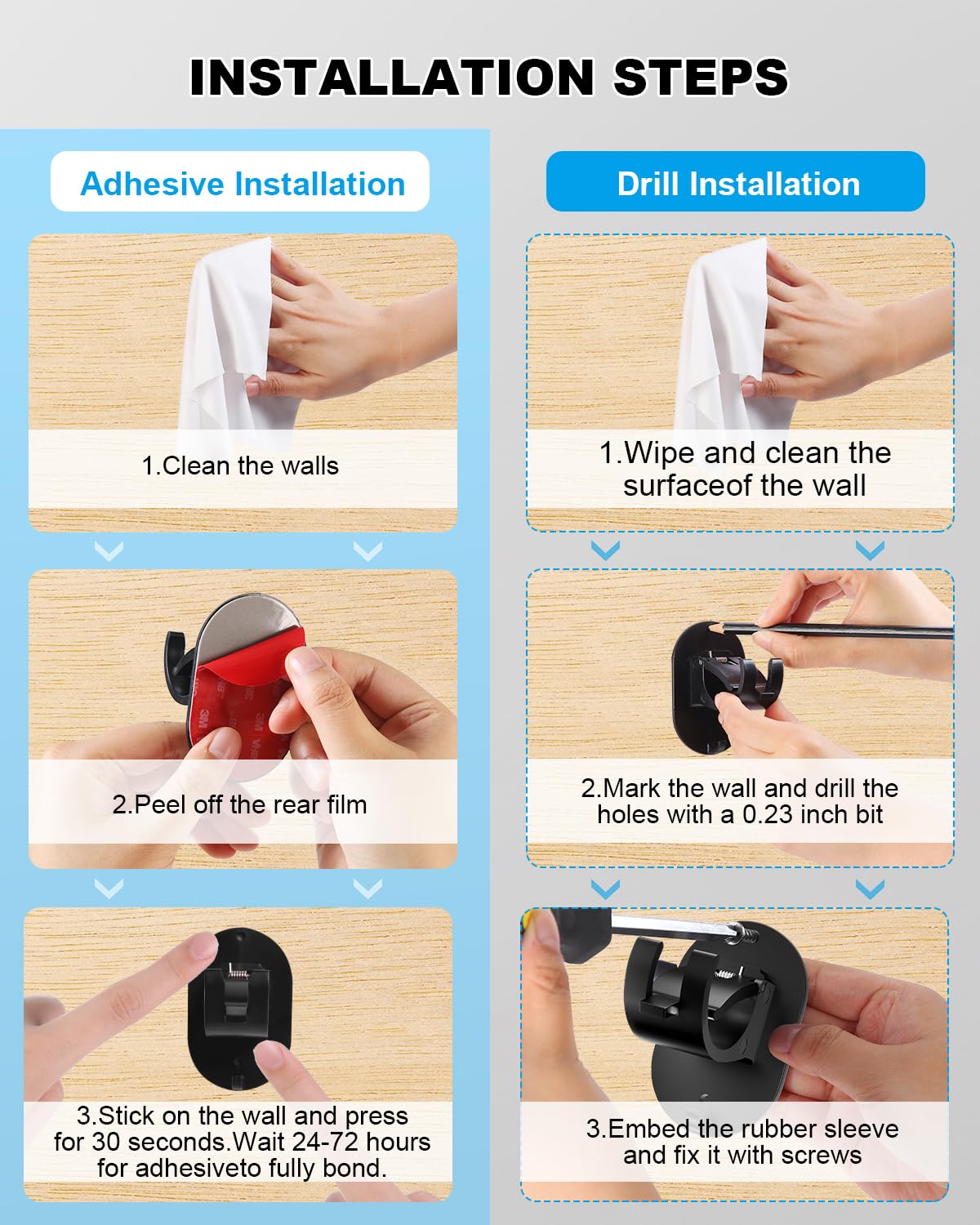 6 PCS No Drill Curtain Rod Brackets - Upgraded Self-Adhesive Adjustable Hooks for Bathroom, Bedroom, Living Room & Kitchen (Black) | Easy Installation, Damage-Free Hanging Solution for Curtains, Drapes & Sheers