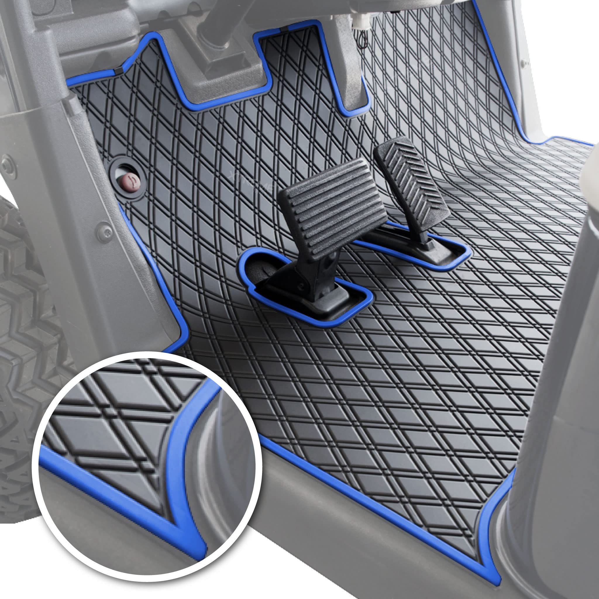 Xtreme Mats EZGO RXV Golf Cart Floor Mat - Full Coverage Non-Slip Floor Liner for EZGO RXV (2008-2022) & 2Five (2009+) - Black with Blue Trim - Perfect for Golf Courses, Resorts & Neighborhood Rides