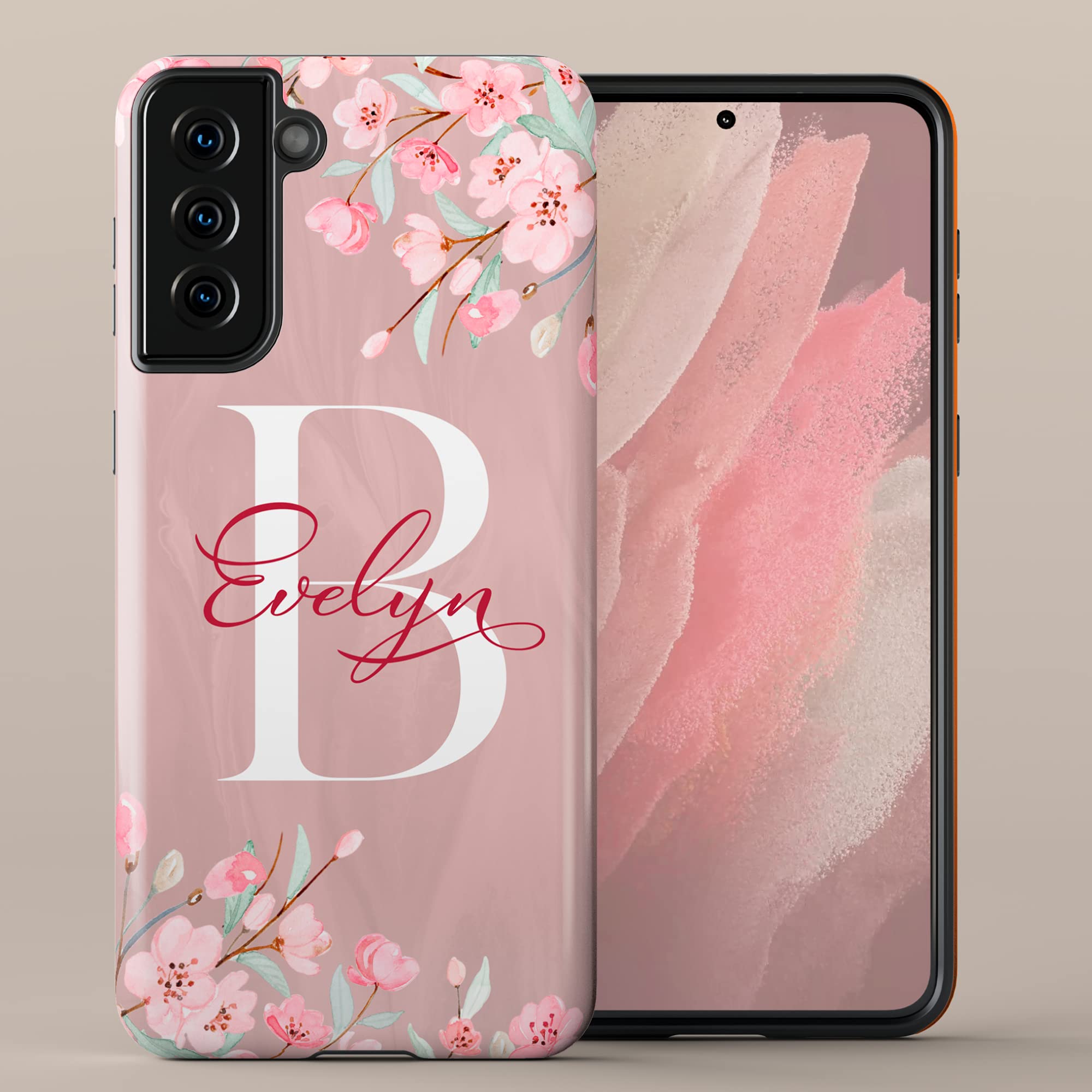 Custom Cherry Blossom Monogram Phone Case - Personalized Name Initial Cover for Samsung Galaxy S25 Plus/S24 Ultra/S23/S22/S21/S20/S10/S9/S8/Note 20/10 - Perfect Gift for Women, Girls & Teens (Floral Design, Slim Fit Protection) - Ideal for Everyday Use, Travel & Special Occasions