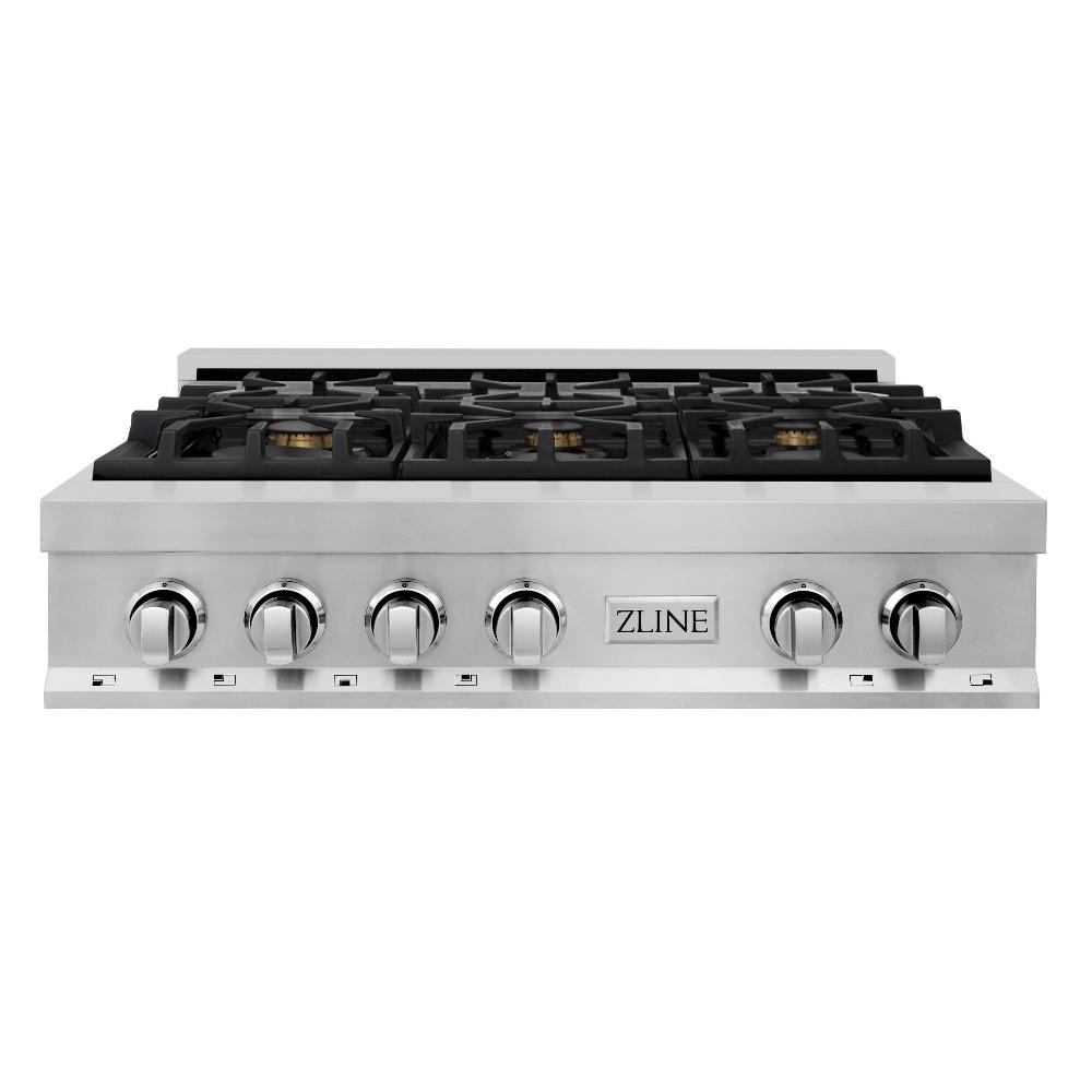 ZLINE 36 Inch Stainless Steel Gas Rangetop with 6 Brass Burners & Porcelain Cooktop - Professional Grade for Home Chefs (RT BR 36) | Perfect for Gourmet Cooking, Entertaining & Modern Kitchens