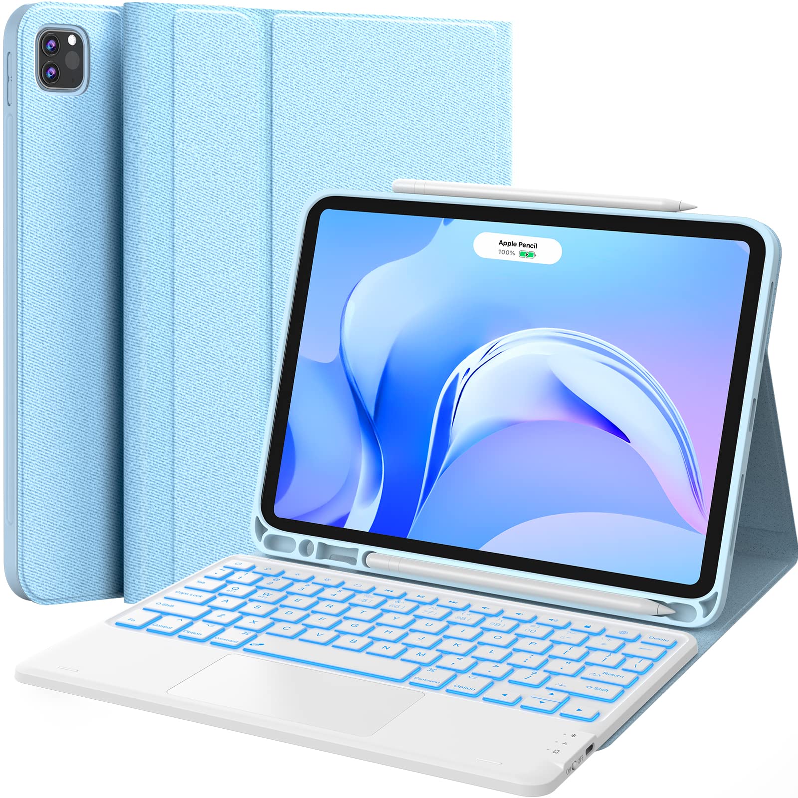 CHESONA iPad Pro 11 Inch Case with Bluetooth Keyboard - Detachable Backlit Keyboard with 7-Color LED, Touchpad & Apple Pencil Holder, Dual Bluetooth Connectivity for iPad Pro 11 (2021/2022) & iPad Air 4/5th Gen - Perfect for Work, Study & Travel (Blue)