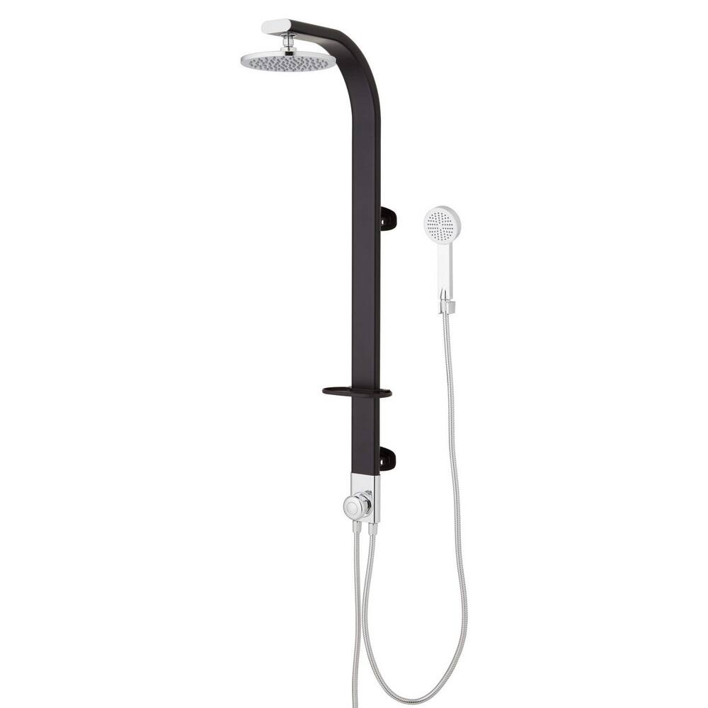 Black Aluminum Fixed Shower Column System - 110cm Height, Non-Rotating Column Head, Includes Plastic Round Shower Head, Hand Shower, Brass Bracket & Soap Dish with 150cm & 80cm Flexible Hoses - Perfect for Modern Bathroom Renovation and Space-Saving Installation