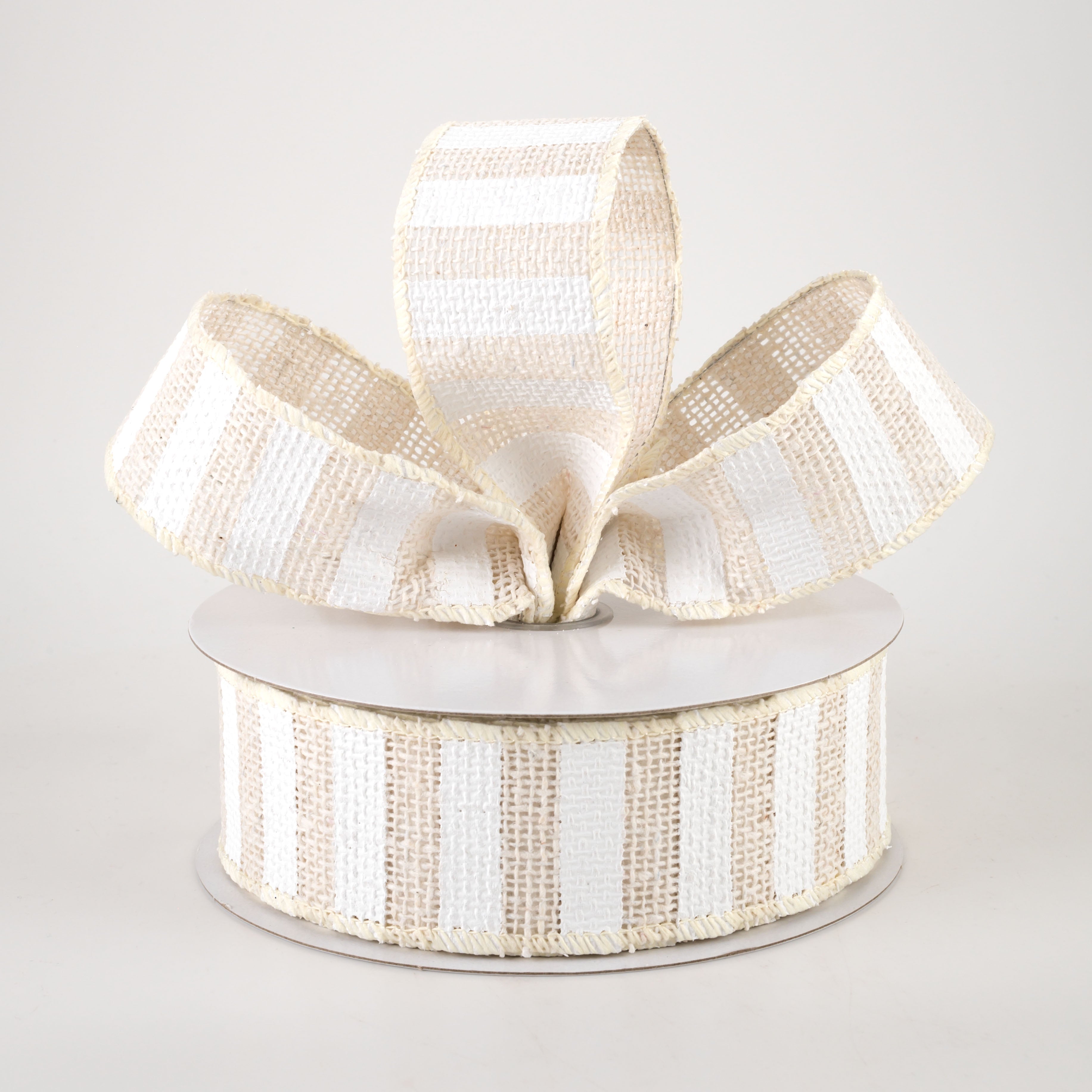 1.5 Inch Cream Burlap Ribbon with White Stripes - 10 Yards Rustic Jute Ribbon for Gift Wrapping, Wedding Decor, and DIY Crafts