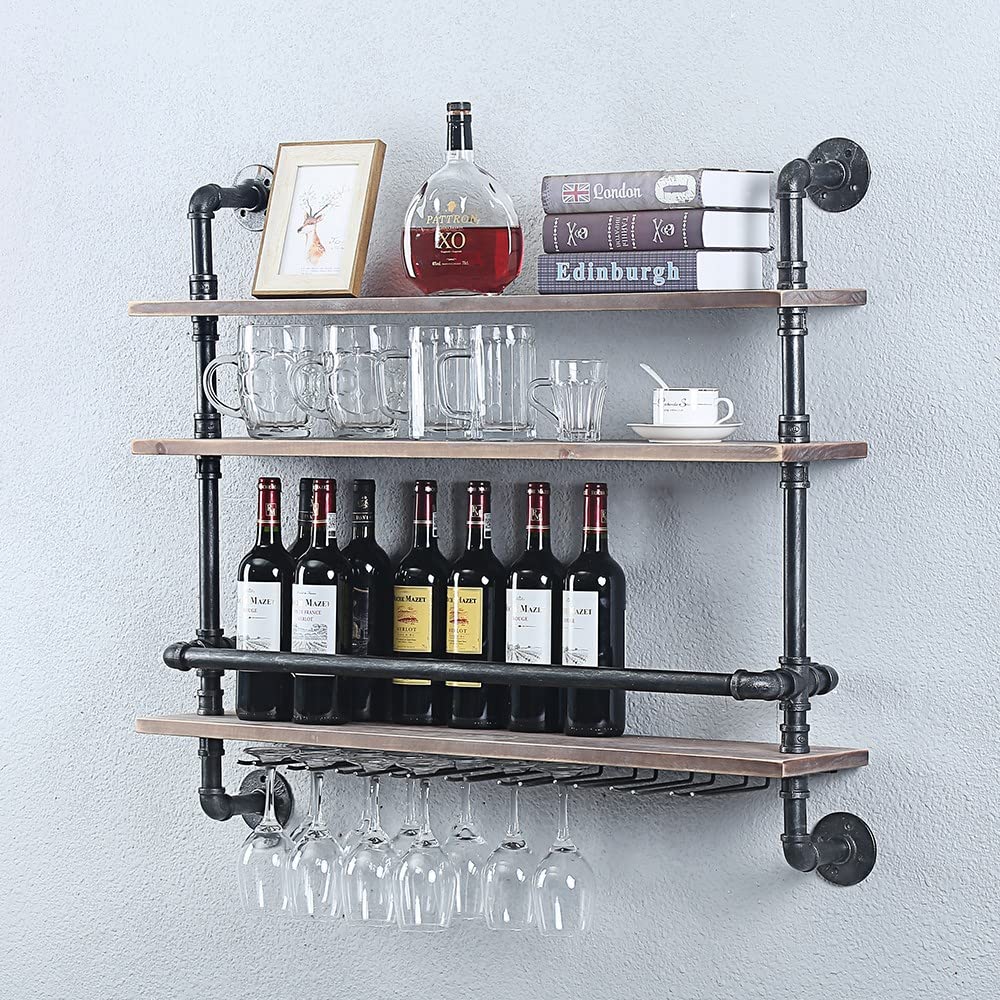 Industrial Pipe Shelf Wine Rack Wall Mounted with 9 Stem Glass Holder - 36 Inch Rustic Wood Floating Shelves for Bar, Kitchen & Dining Room Decor - Wine Storage & Glass Display Shelf for Home & Commercial Use
