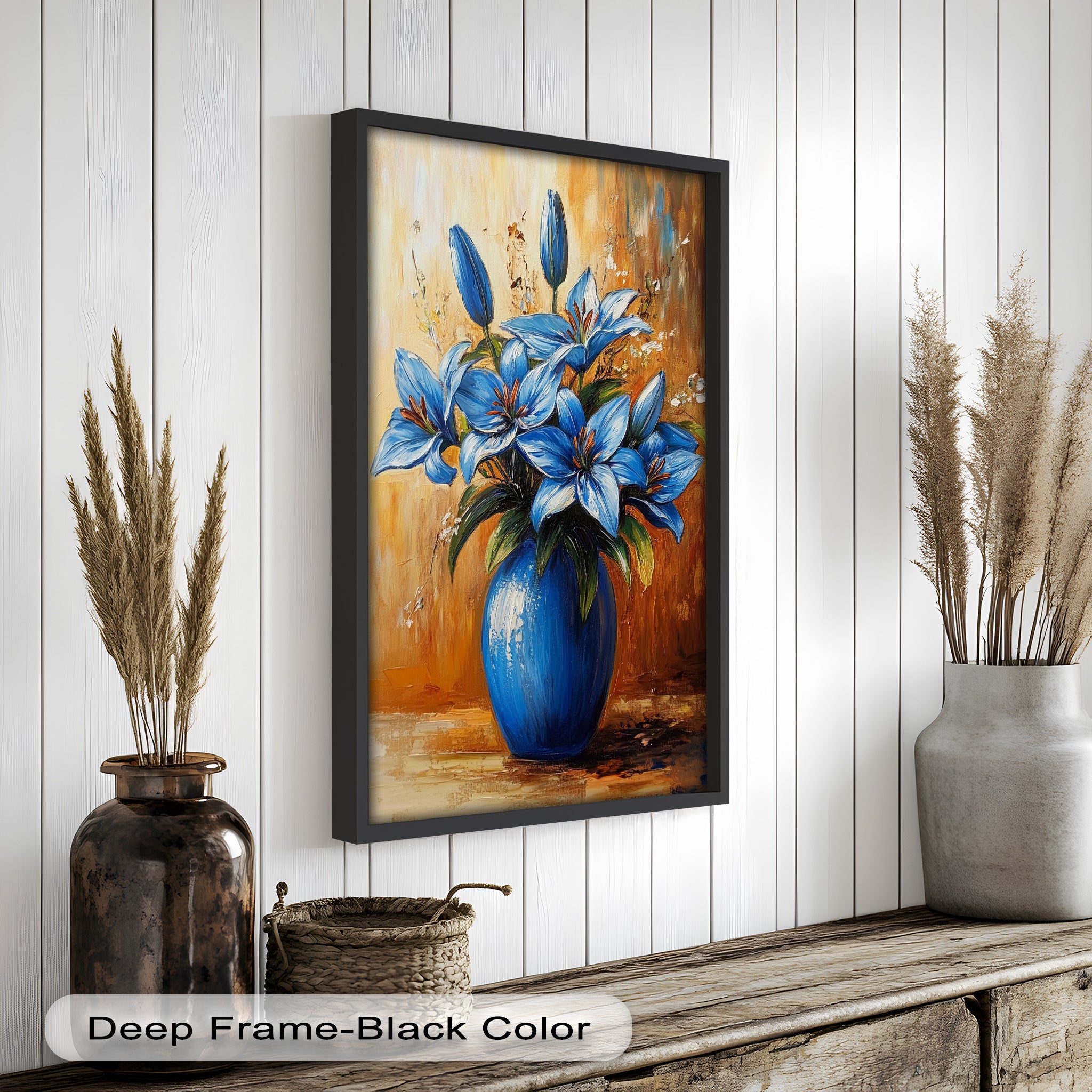 Azure Blossoms in Blue Vase - Hand-Painted Floral Oil Canvas Artwork for Living Room Decor | Wall Art for Home & Office