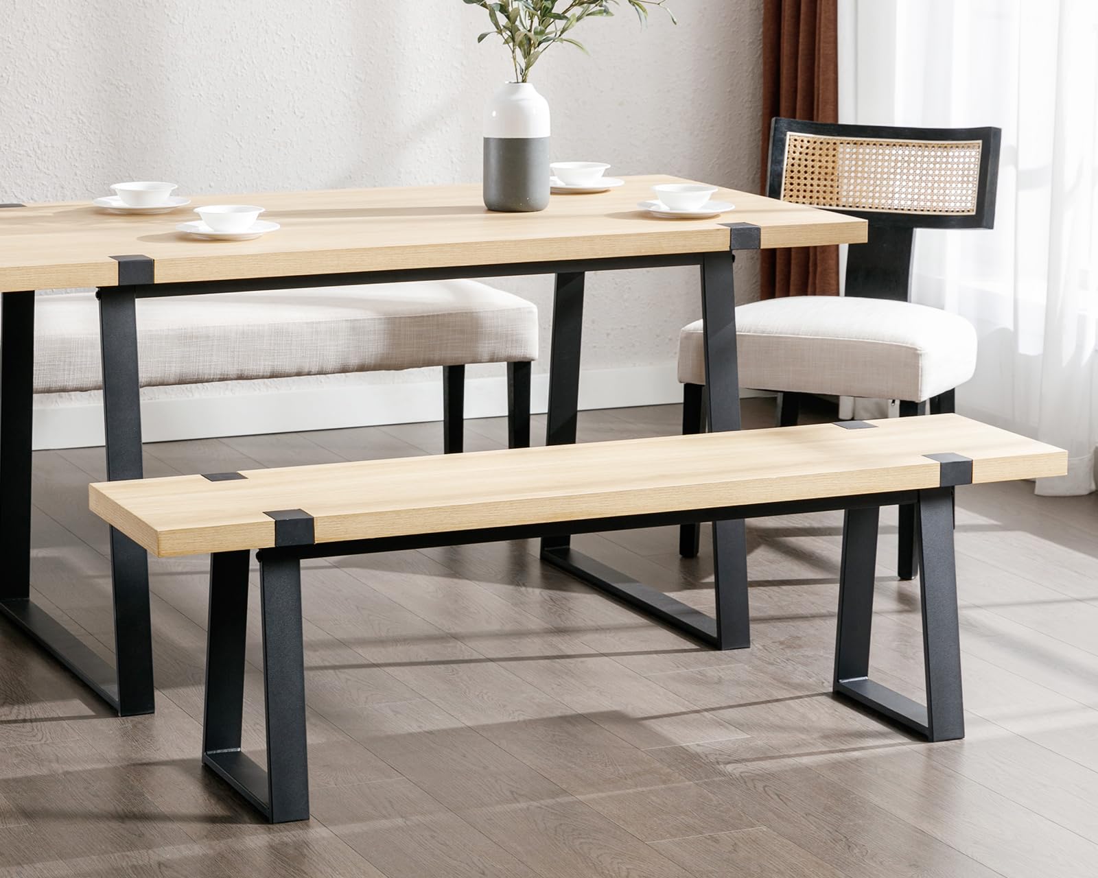 Modern Light Oak Dining Bench - Wooden Kitchen & Dining Room Bench Seat with Metal Frame for 2-3 People | Indoor Dining Table Chairs for Living Room & Restaurant Style Settings