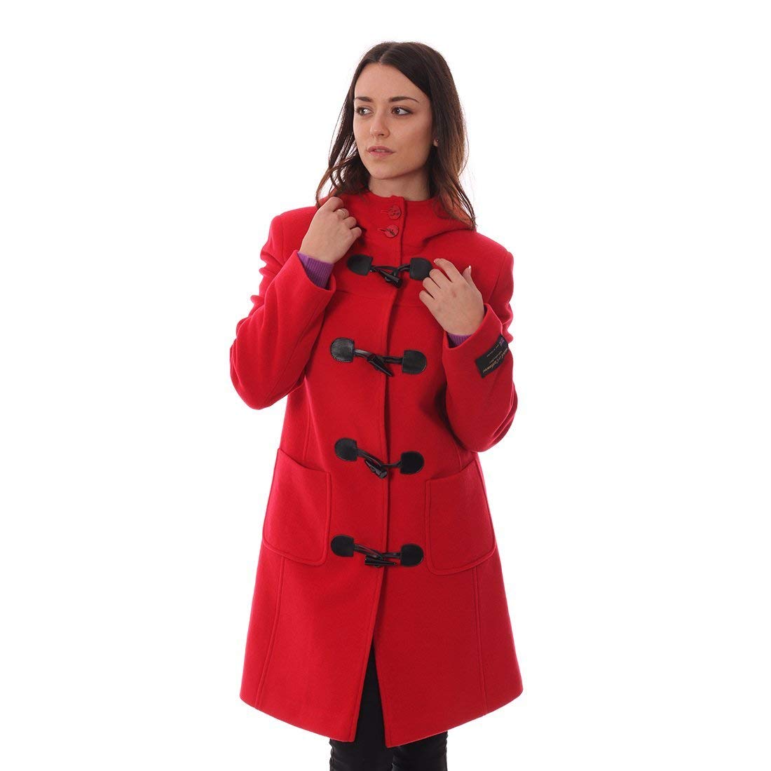 Women's Red Hooded Wool Cashmere Duffle Coat Jacket with Pockets - Warm Winter Outerwear for Casual Outings & Travel