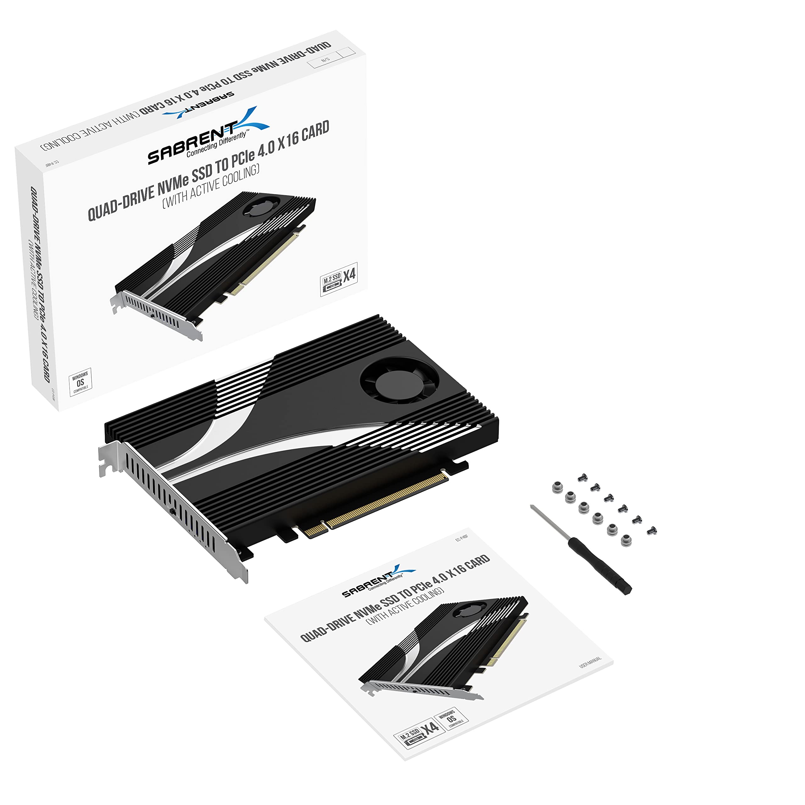 SABRENT 4-Drive NVMe SSD to PCIe 4.0 X16 Adapter Card with Active Cooling - High Speed Storage Expansion for Gaming PC, Workstation & Video Editing [EC-P4BF]