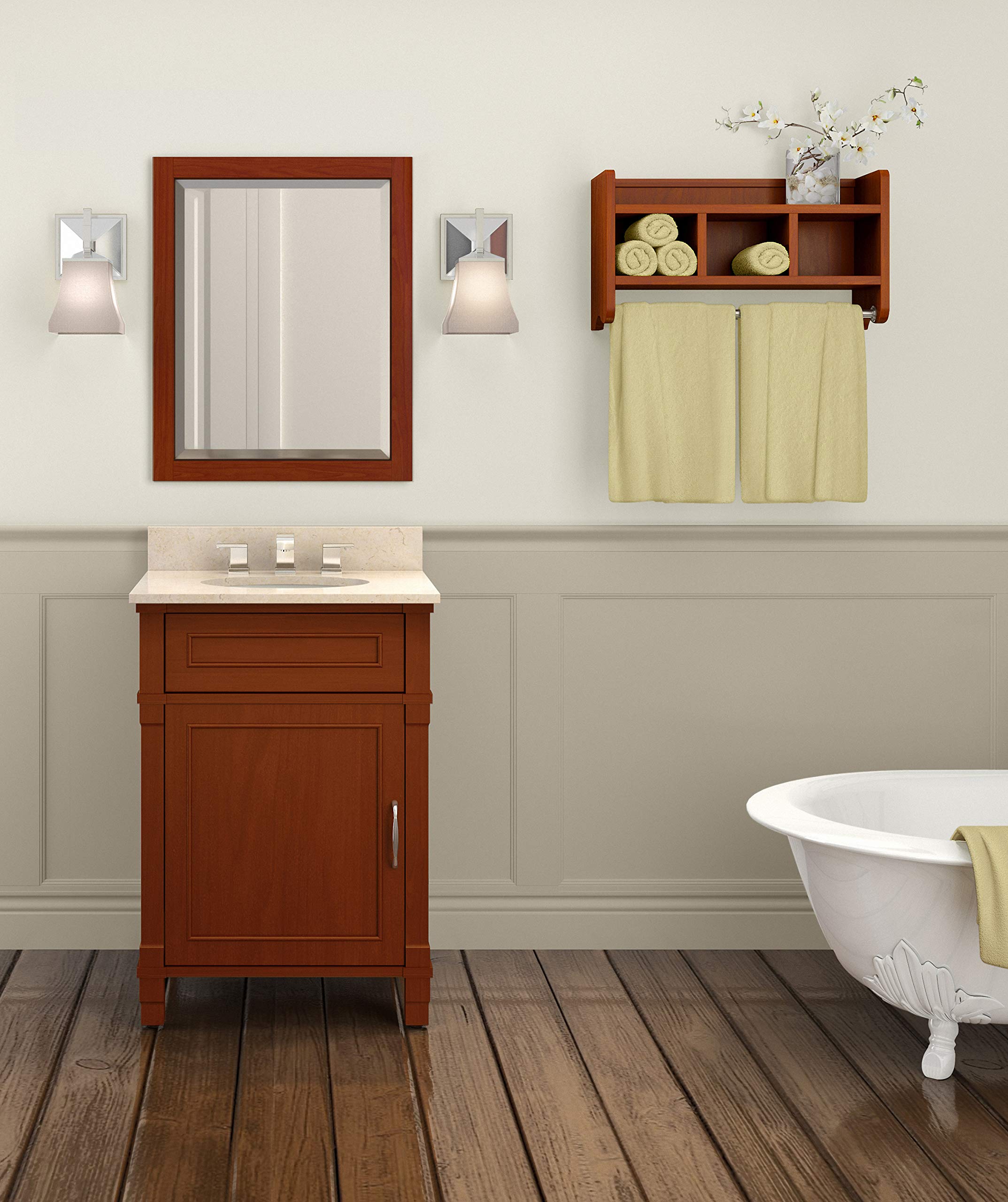 25-Inch Bathroom Storage Shelf with Dual Towel Rods - Wall Mounted Organizer with 3 Cubbies & Top Shelf, Easy Installation, Chestnut Finish - Perfect for Bathroom, Mudroom & Laundry Room Organization
