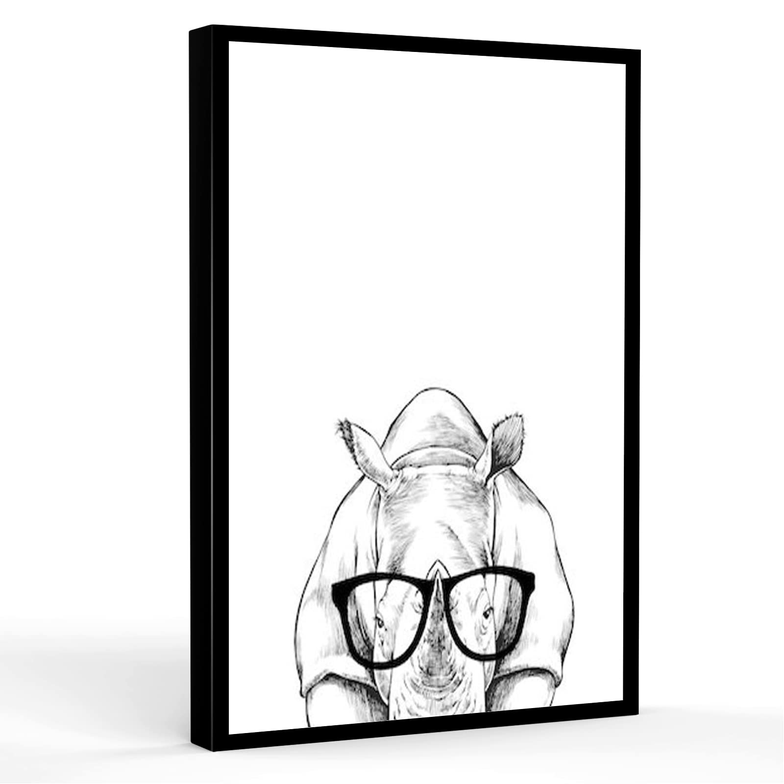 Modern White Rhino Wall Art - 16''x24'' Framed Canvas Print, Farmhouse Bathroom Decor, Animal Portrait for Nursery & Kids Room - Perfect for Home, Office & Gift Giving