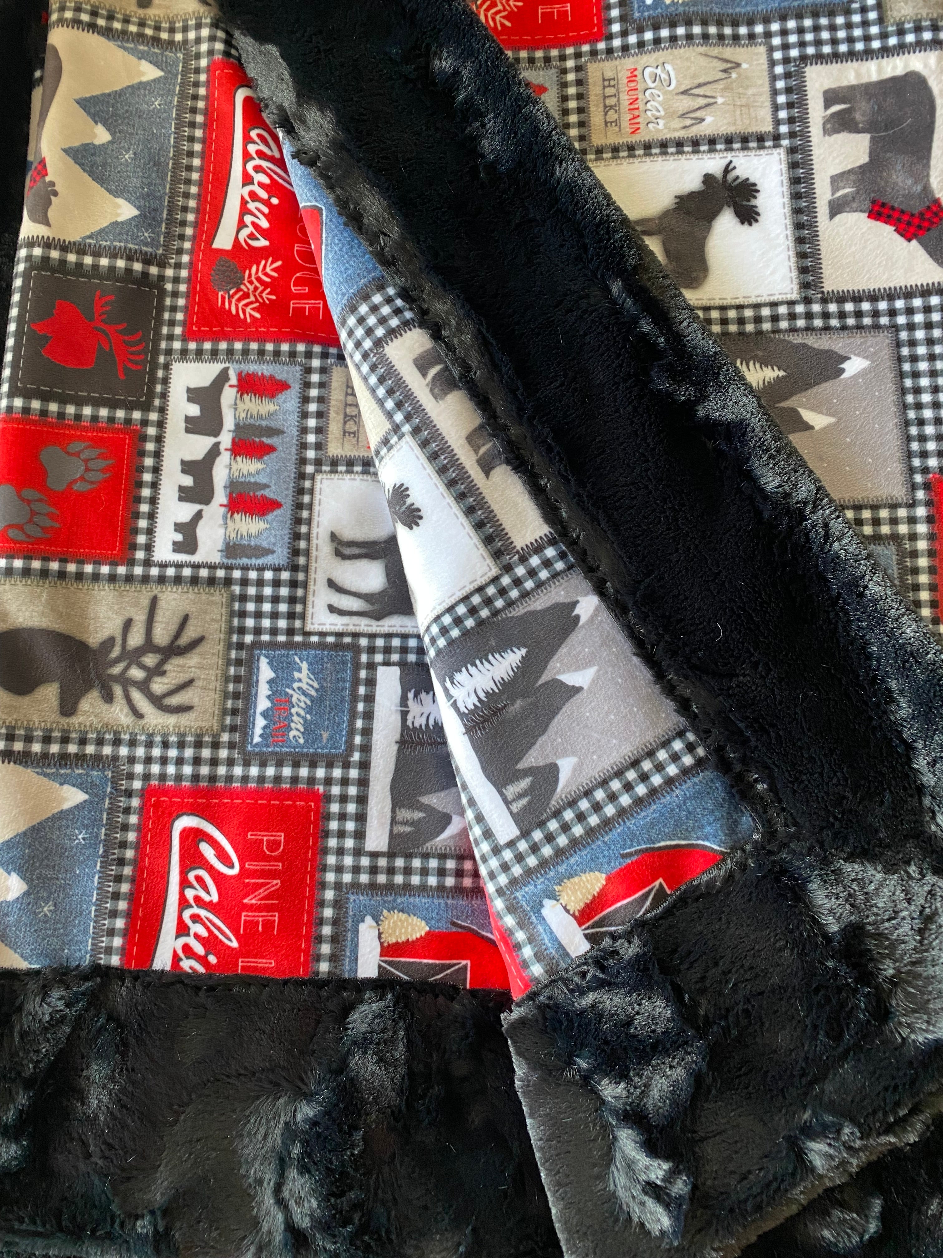Lodge Patches Jeans Black Mirage Minky Blanket - Extra Wide Large 68x77 Inches - Cozy Fleece Throw for Couch, Bed & Home Decor