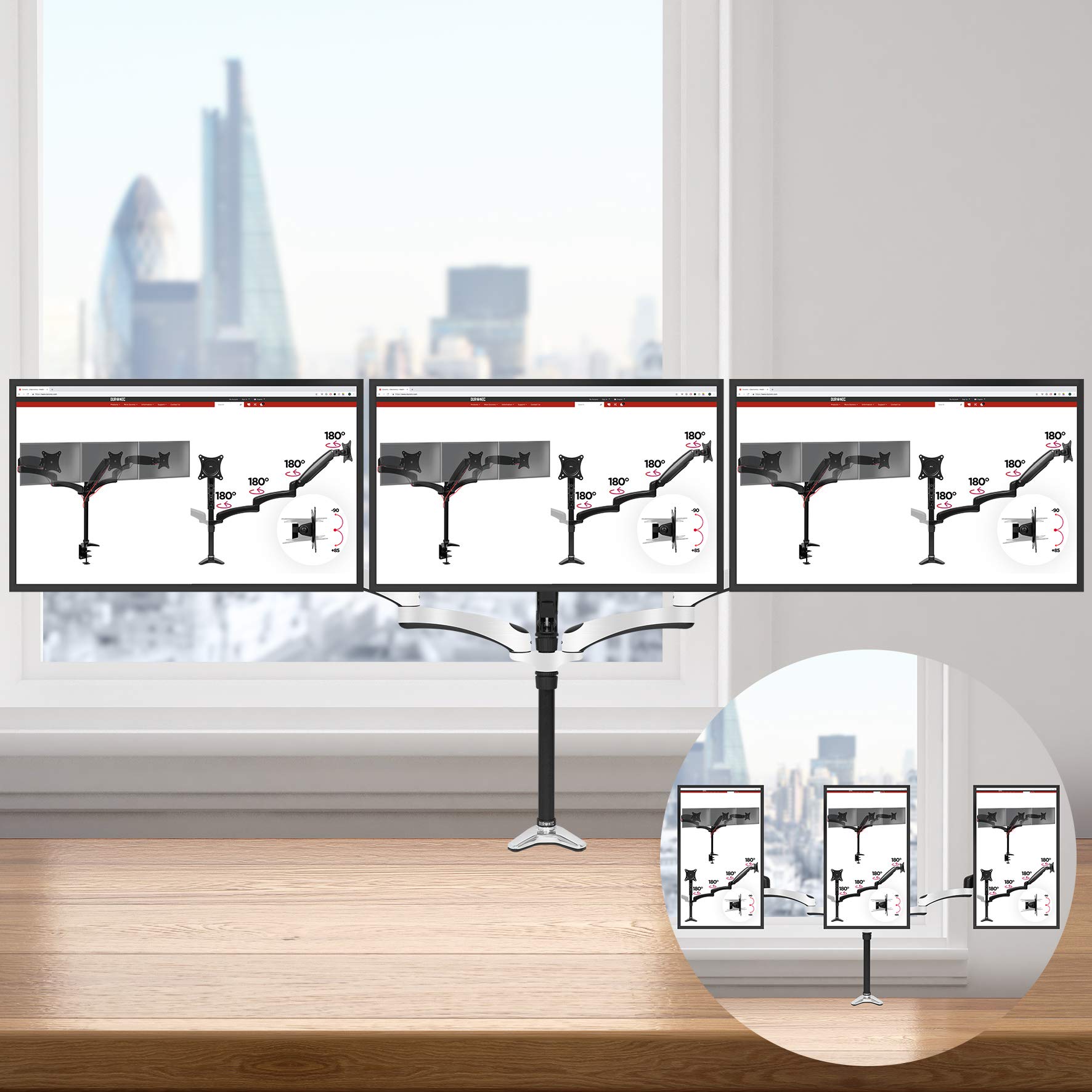 Duronic DM653 Triple Monitor Arm Stand - Adjustable Gas Spring Mount for 3 Screens up to 32