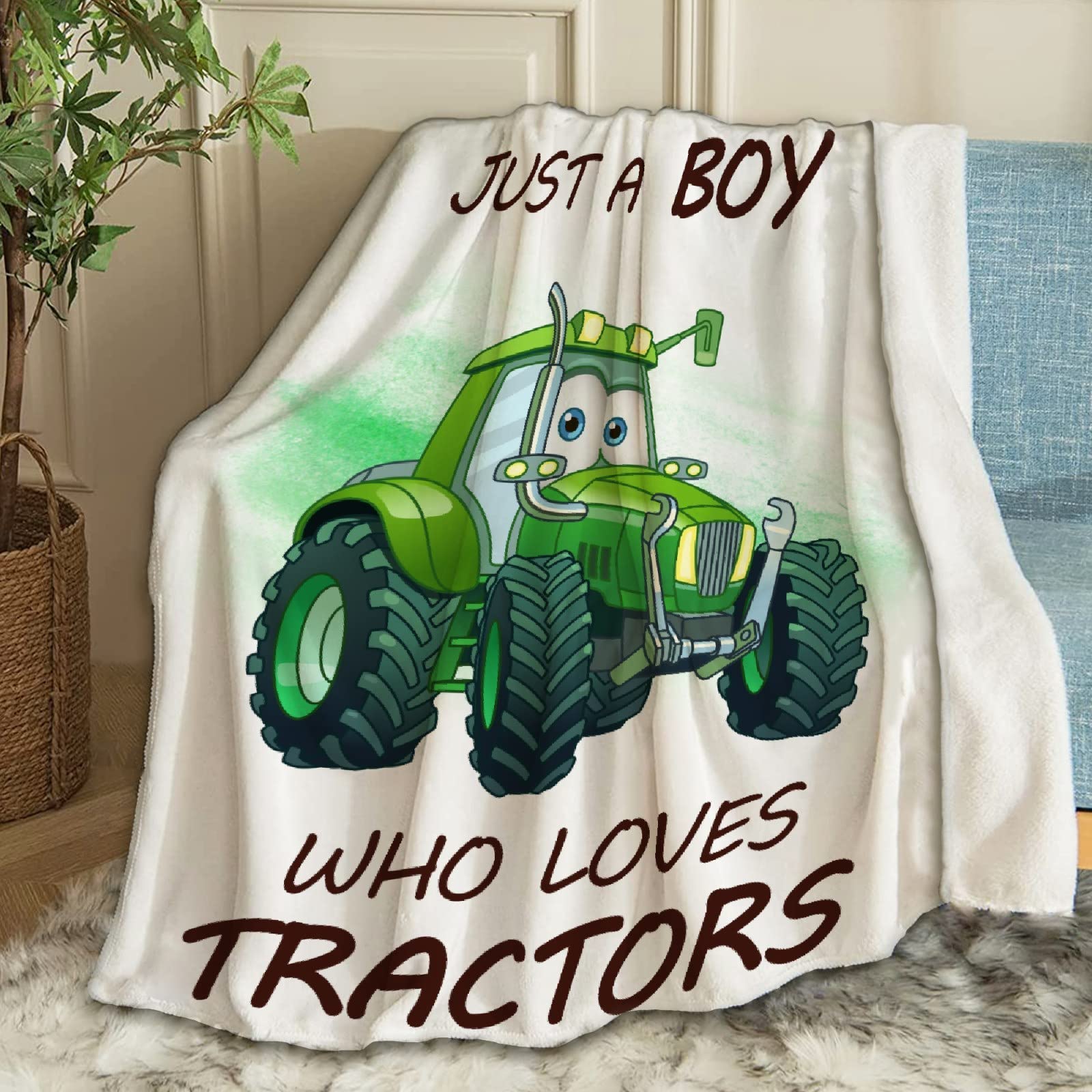 ARTBLANKET Just A Boy Who Loves Tractors Fleece Throw Blanket - 120x90 Inch Ultra Soft Microfiber Plush Blanket for Bed, Couch & Sofa | All-Season Cozy Blanket for Kids, Boys & Family | Perfect for Farmhouse Decor, Nursery & Gift Giving