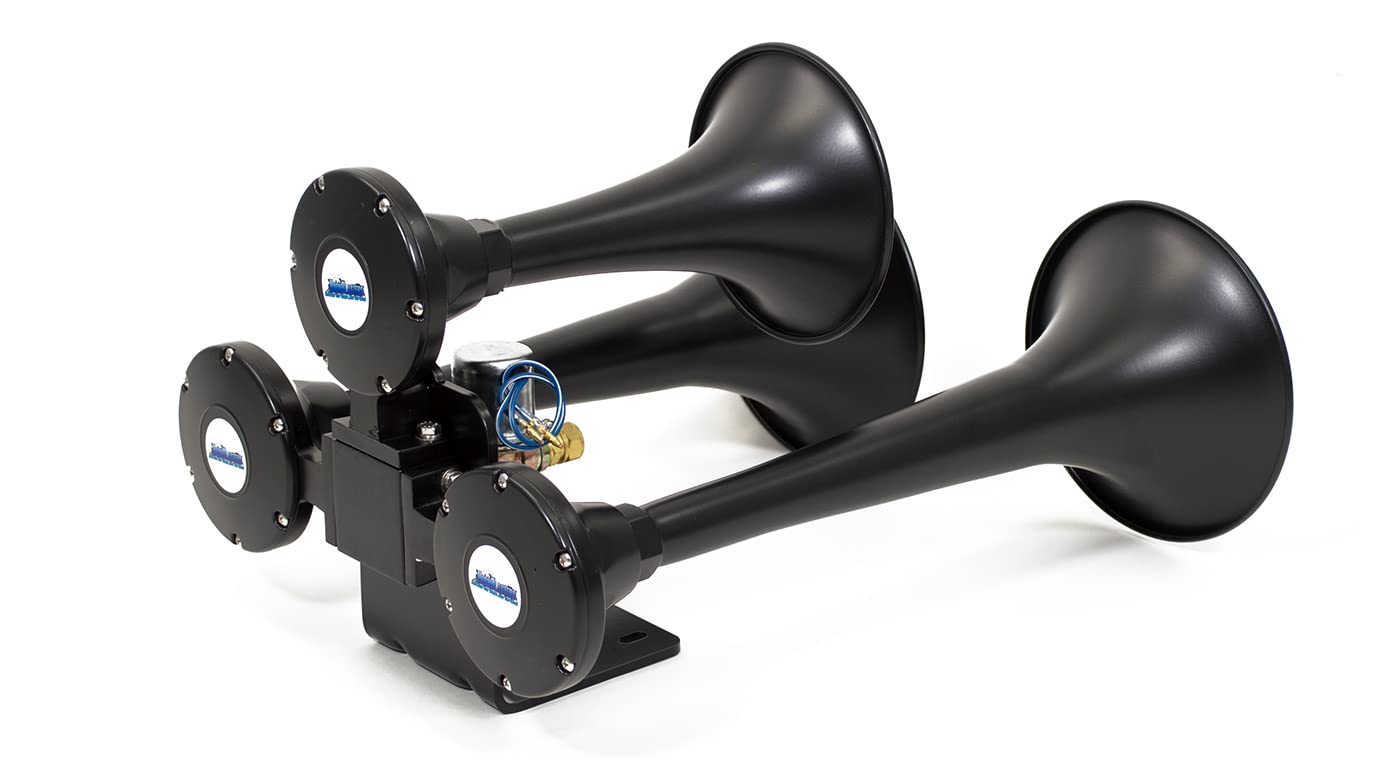 HornBlasters Outlaw Black 12/24 Volt Train Horn Kit - 3 Trumpet Air Horn for Trucks & Vehicles - Loud 150dB Sound for Emergency & Safety - Perfect for Semi Trucks, Boats & Off-Road Adventures