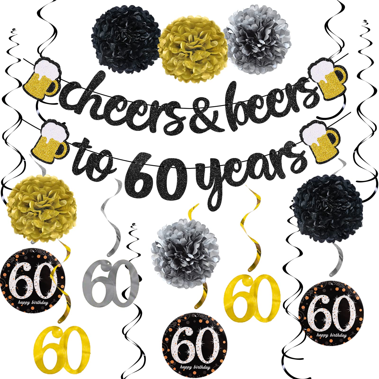 60th Birthday Party Decorations Kit for Men & Women - Cheers to 60 Years Banner, Pom Poms, Flowers & Sparkling Swirl Decorations - Perfect for 60th Birthday Celebrations, Anniversaries & Retirement Parties