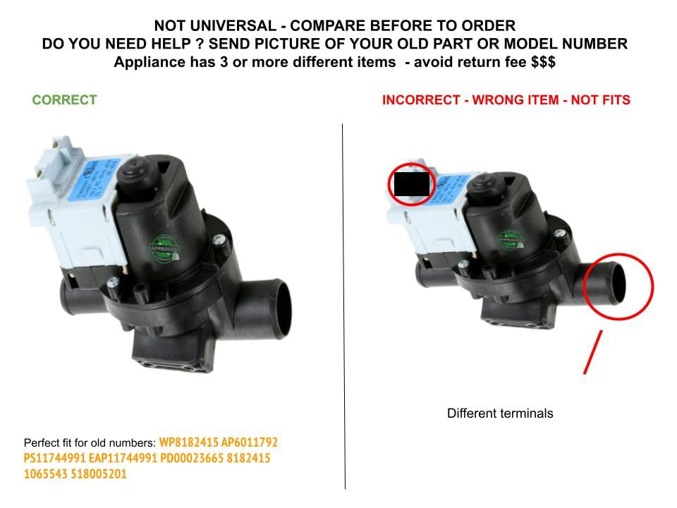 Whirlpool Washer Drain Water Pump Replacement - Compatible with Models 8182415, 518005201, 1065543 - Heavy Duty 2 Connector Pump for Efficient Laundry Drainage - Perfect for Washing Machine Repair and Maintenance