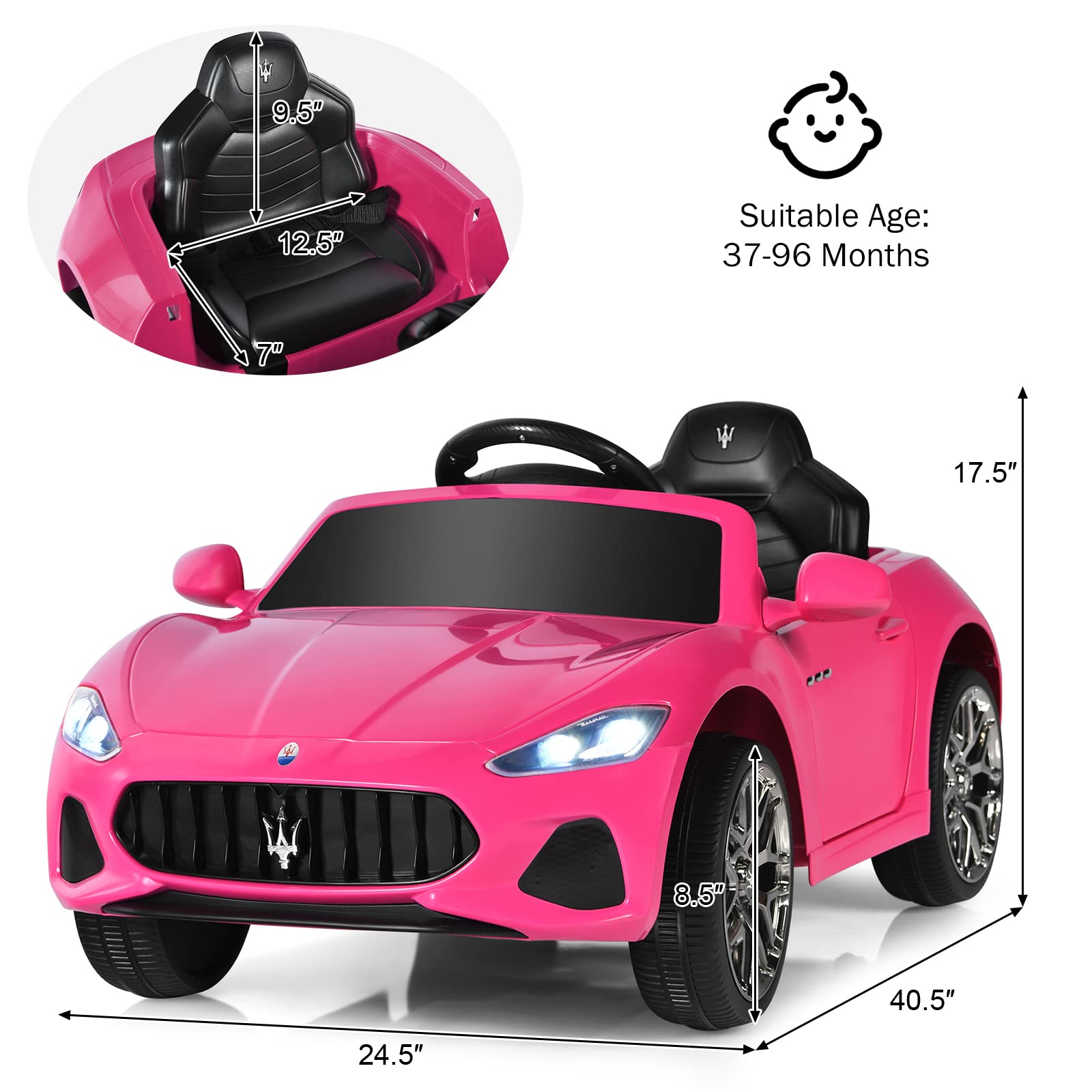 **Costzon 12V Pink Maserati Ghibli Ride-On Car for Kids – Remote & Manual Control, LED Lights, MP3 Player – Electric Toy Car Gift for Boys & Girls (Birthday, Outdoor Play, Indoor Fun)**